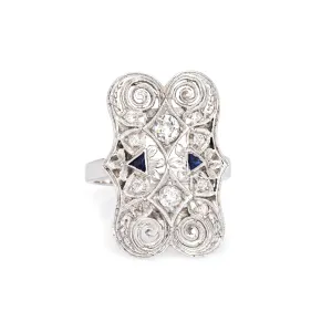 Vintage Art Deco Diamond Sapphire Ring 14k White Gold Filigree 6 Dinner Jewelry