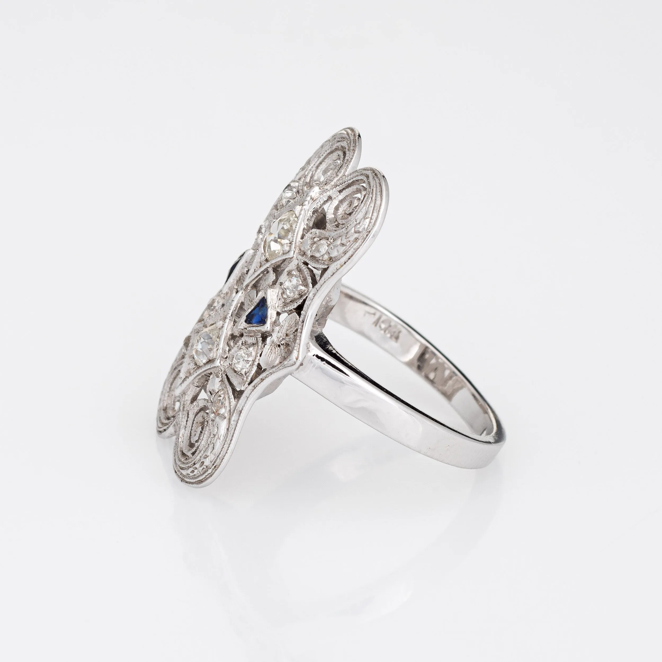 Vintage Art Deco Diamond Sapphire Ring 14k White Gold Filigree 6 Dinner Jewelry