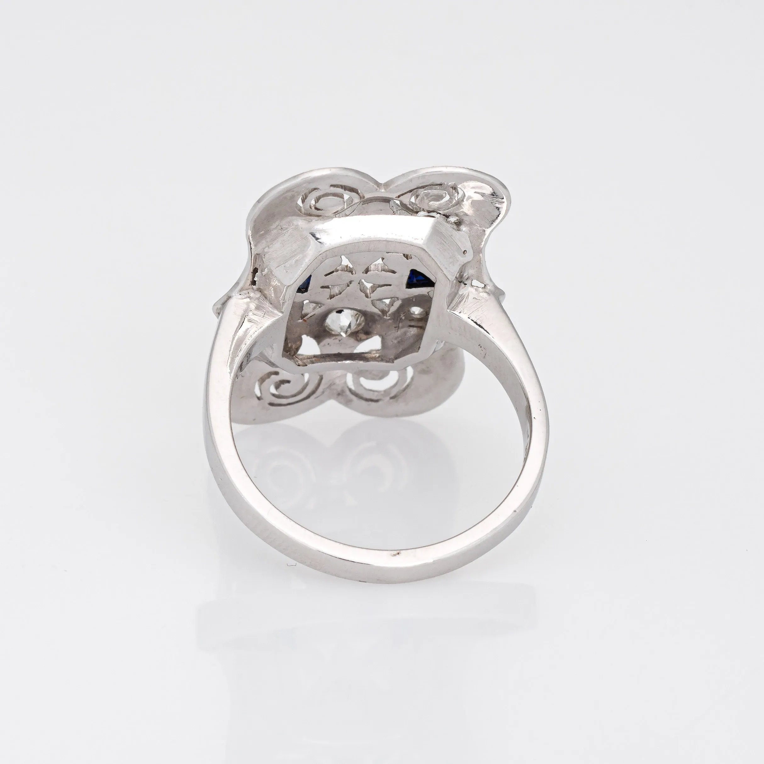 Vintage Art Deco Diamond Sapphire Ring 14k White Gold Filigree 6 Dinner Jewelry
