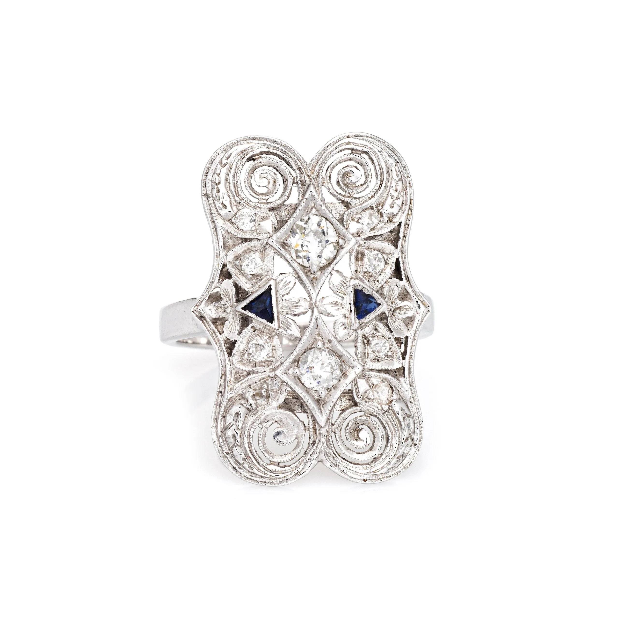 Vintage Art Deco Diamond Sapphire Ring 14k White Gold Filigree 6 Dinner Jewelry