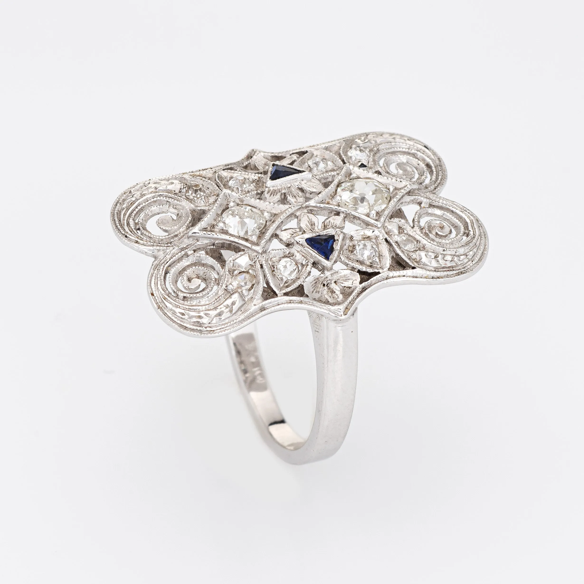 Vintage Art Deco Diamond Sapphire Ring 14k White Gold Filigree 6 Dinner Jewelry