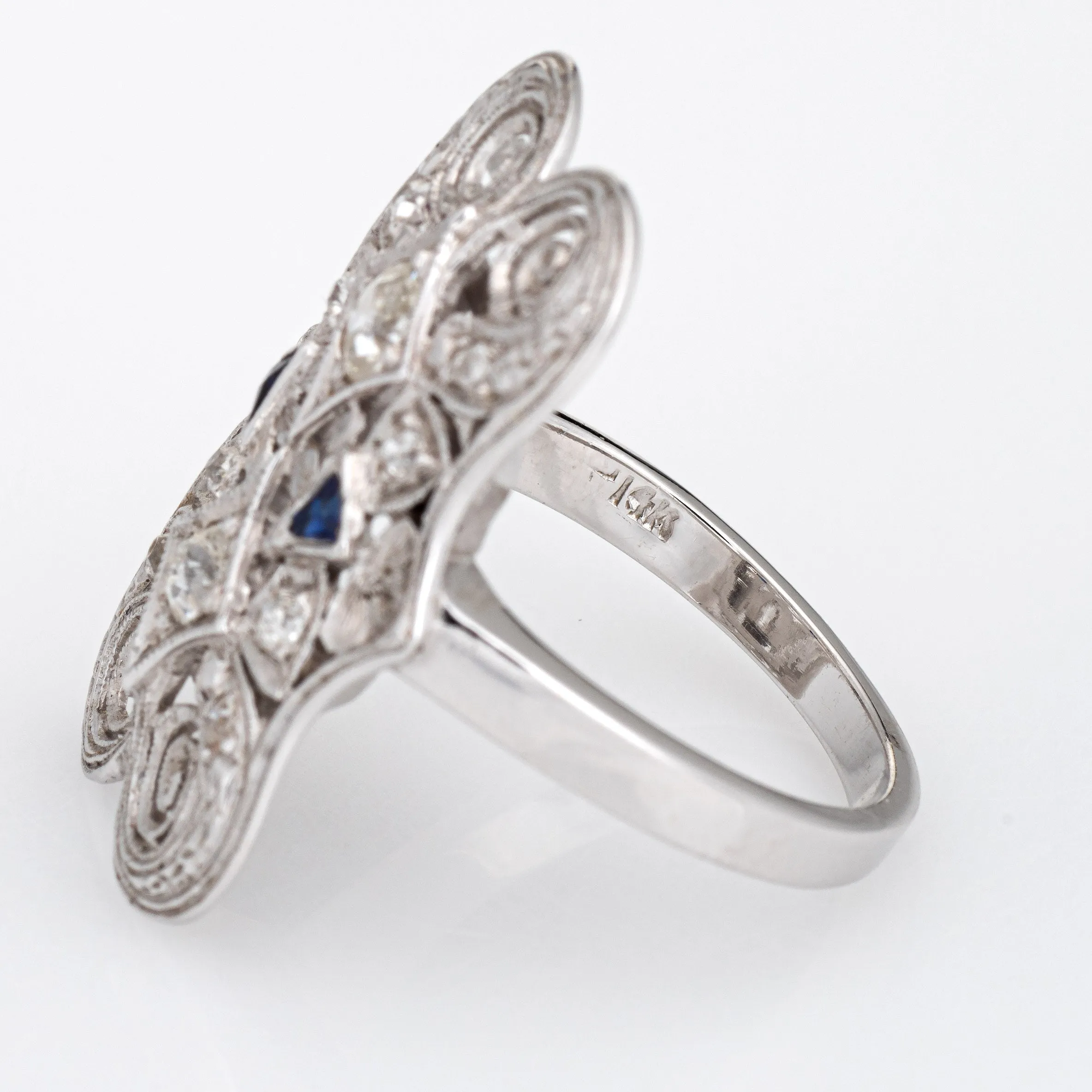 Vintage Art Deco Diamond Sapphire Ring 14k White Gold Filigree 6 Dinner Jewelry