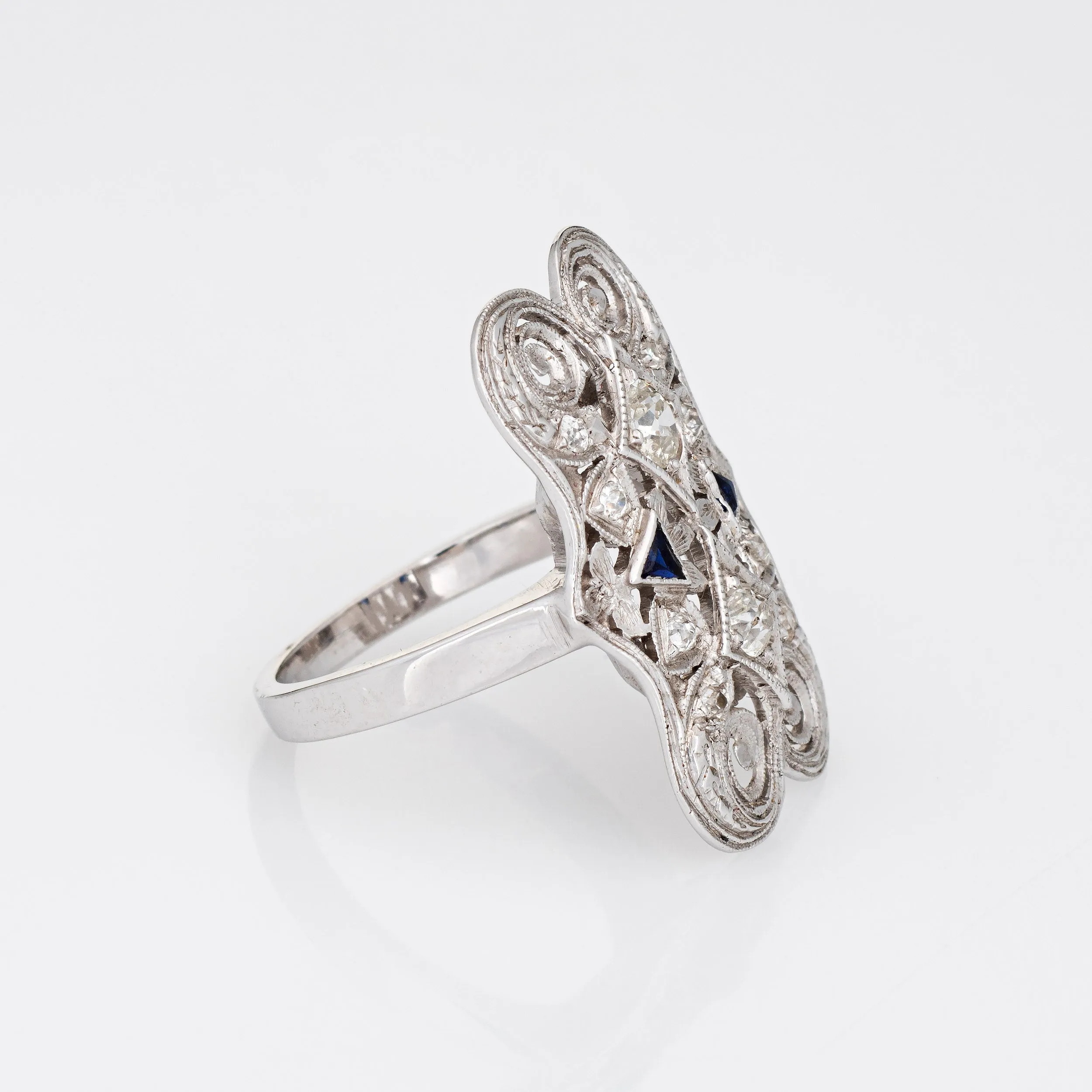 Vintage Art Deco Diamond Sapphire Ring 14k White Gold Filigree 6 Dinner Jewelry
