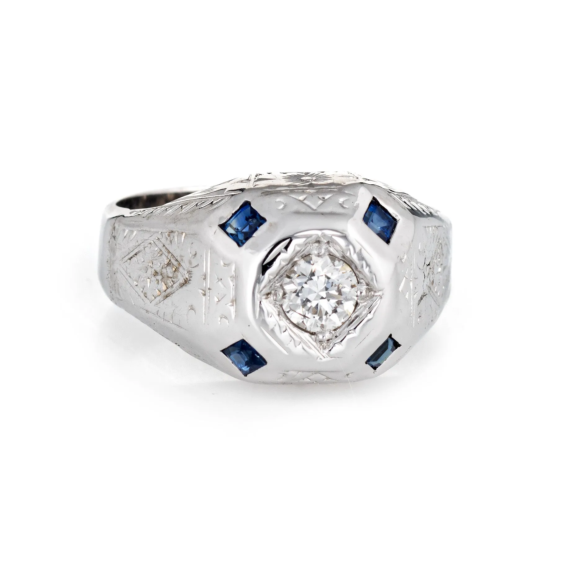 Vintage Art Deco Diamond Sapphire Ring Mens Antique Jewelry 14k White Gold 8.75