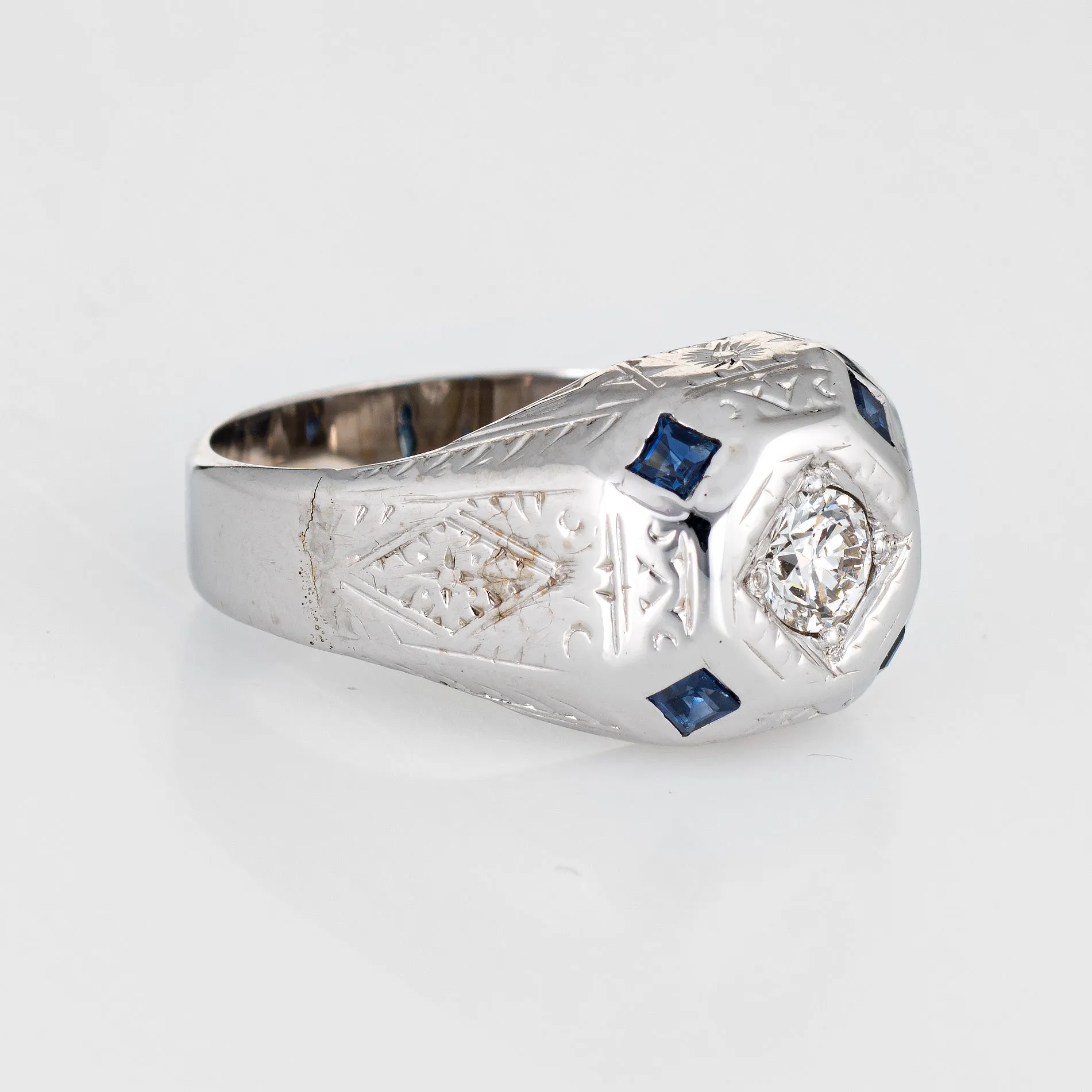 Vintage Art Deco Diamond Sapphire Ring Mens Antique Jewelry 14k White Gold 8.75