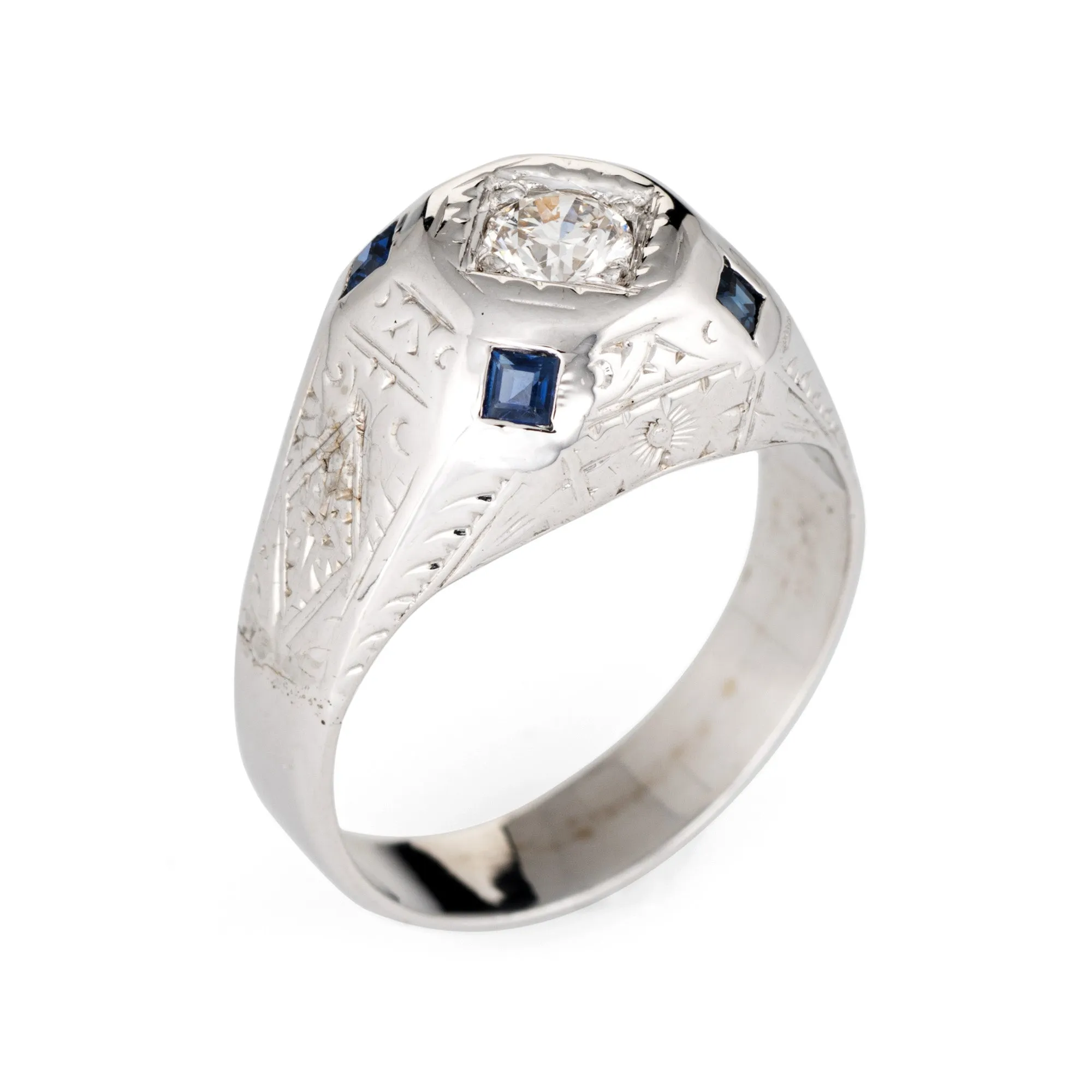 Vintage Art Deco Diamond Sapphire Ring Mens Antique Jewelry 14k White Gold 8.75