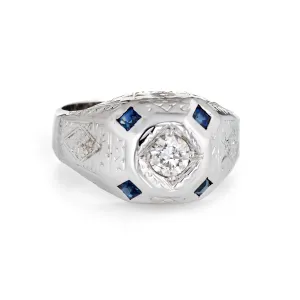 Vintage Art Deco Diamond Sapphire Ring Mens Antique Jewelry 14k White Gold 8.75
