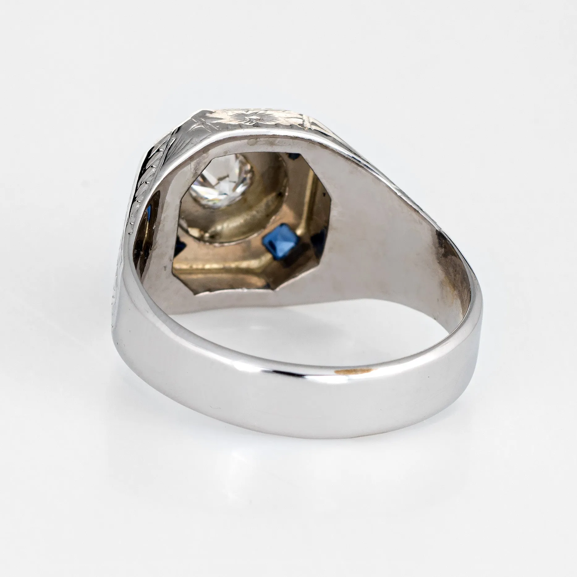Vintage Art Deco Diamond Sapphire Ring Mens Antique Jewelry 14k White Gold 8.75