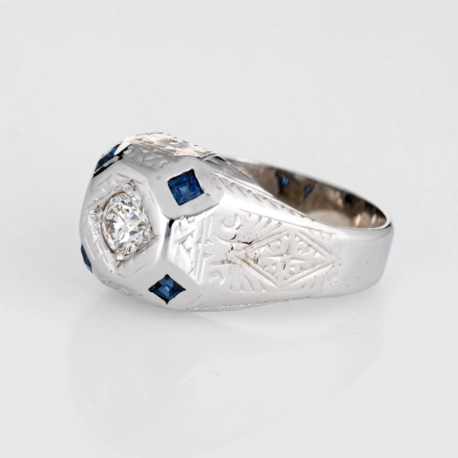 Vintage Art Deco Diamond Sapphire Ring Mens Antique Jewelry 14k White Gold 8.75