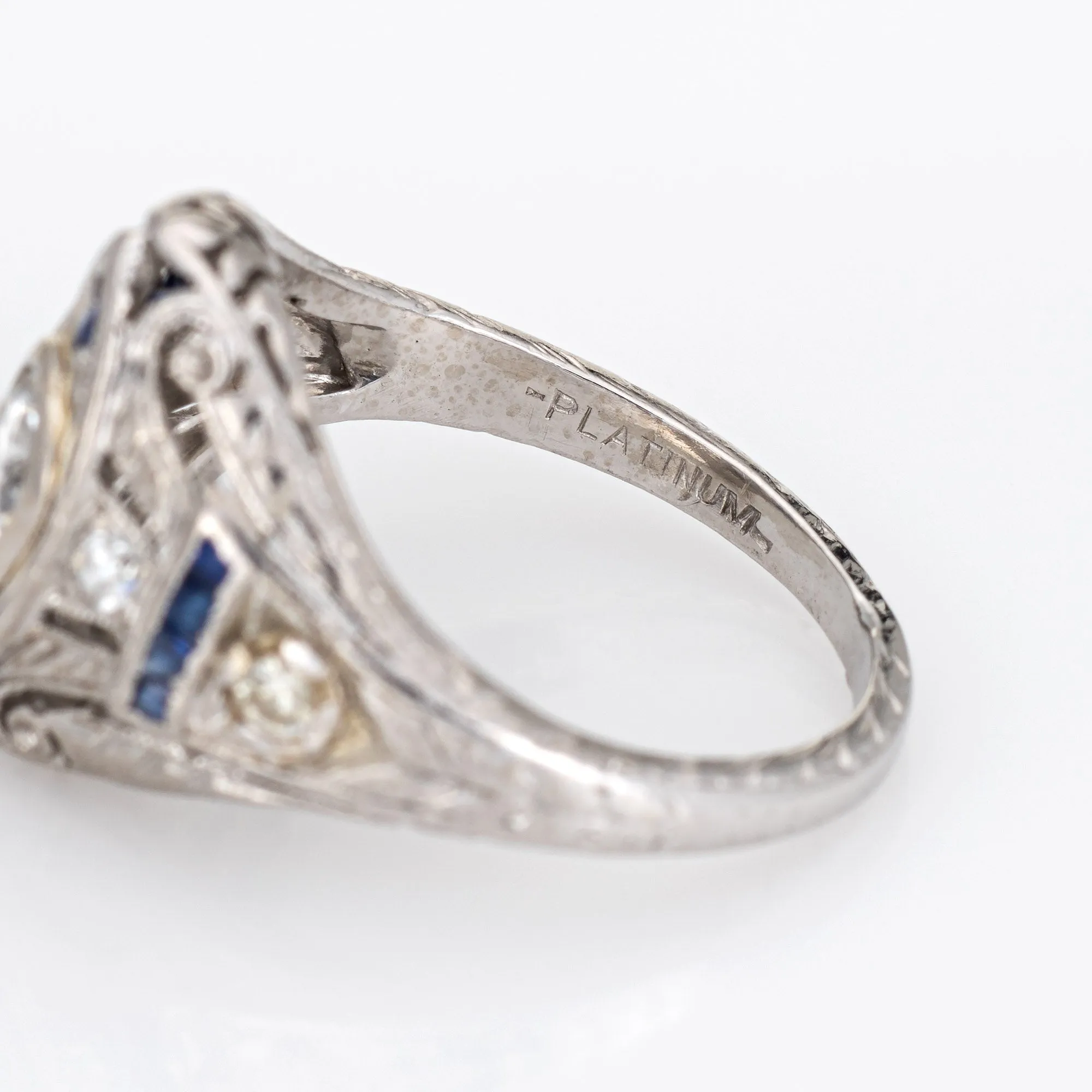 Vintage Art Deco Diamond Sapphire Ring Platinum Filigree Estate Fine Jewelry 3