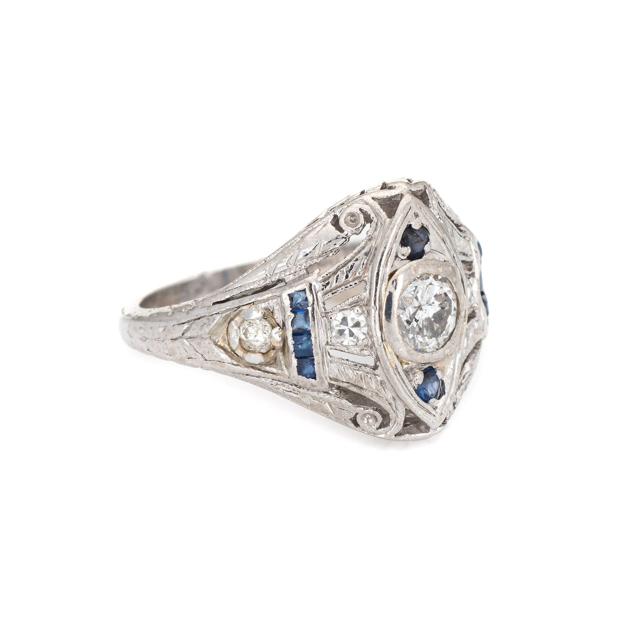 Vintage Art Deco Diamond Sapphire Ring Platinum Filigree Estate Fine Jewelry 3