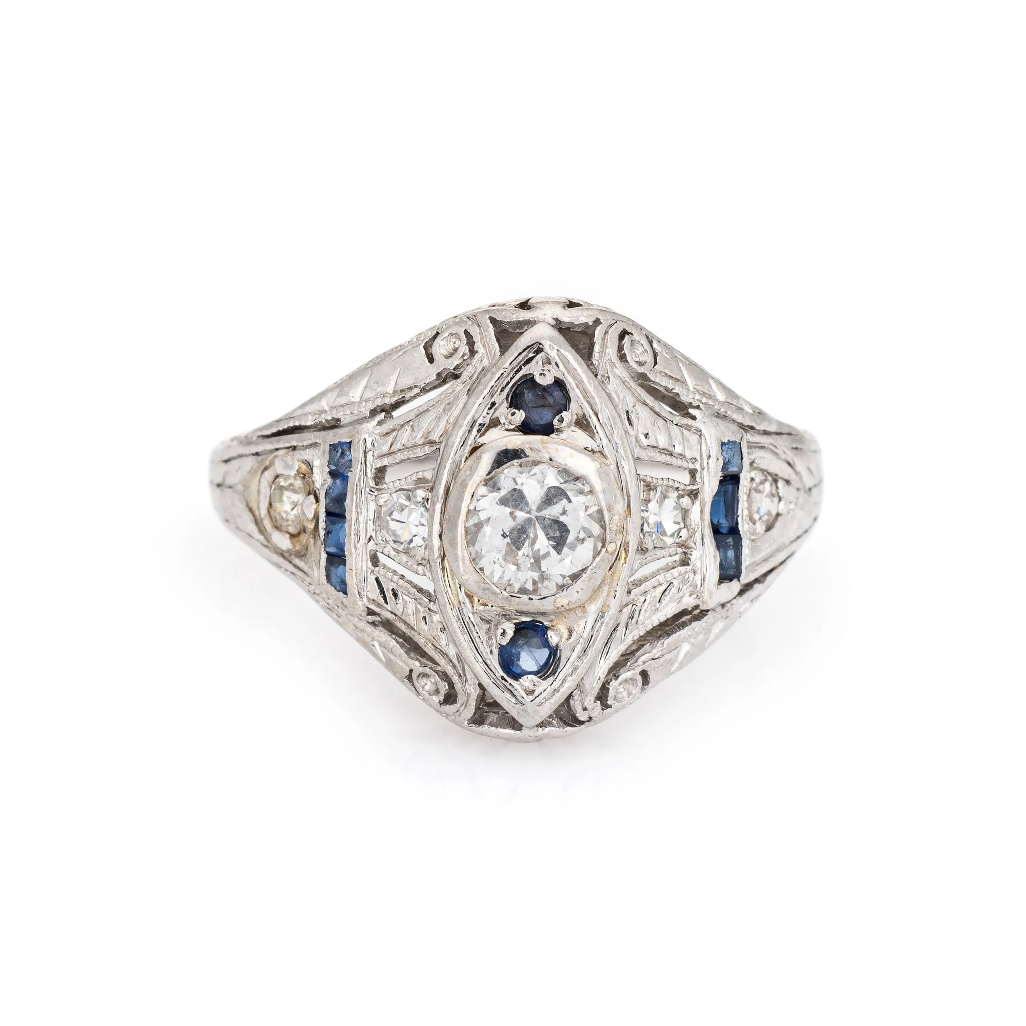 Vintage Art Deco Diamond Sapphire Ring Platinum Filigree Estate Fine Jewelry 3