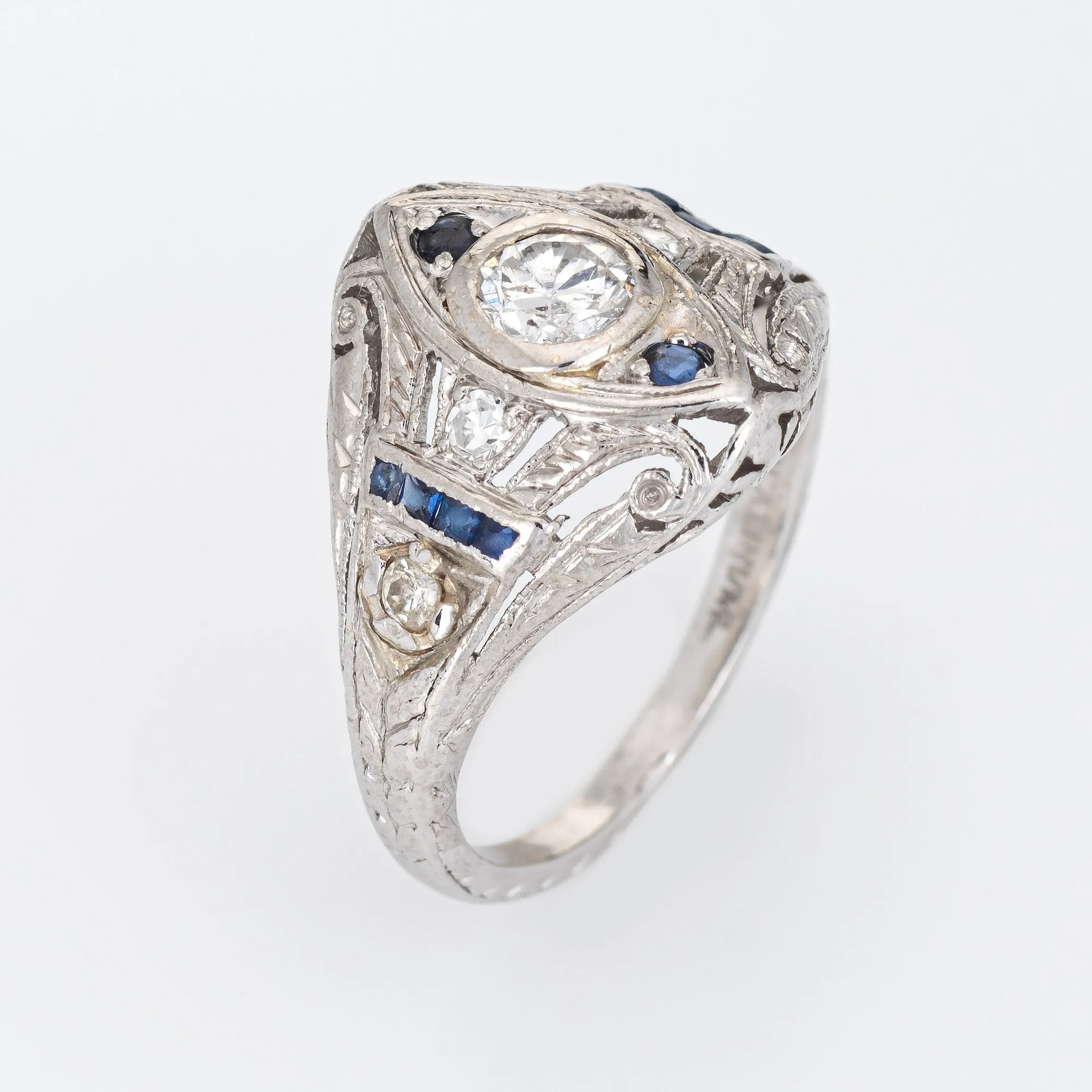 Vintage Art Deco Diamond Sapphire Ring Platinum Filigree Estate Fine Jewelry 3