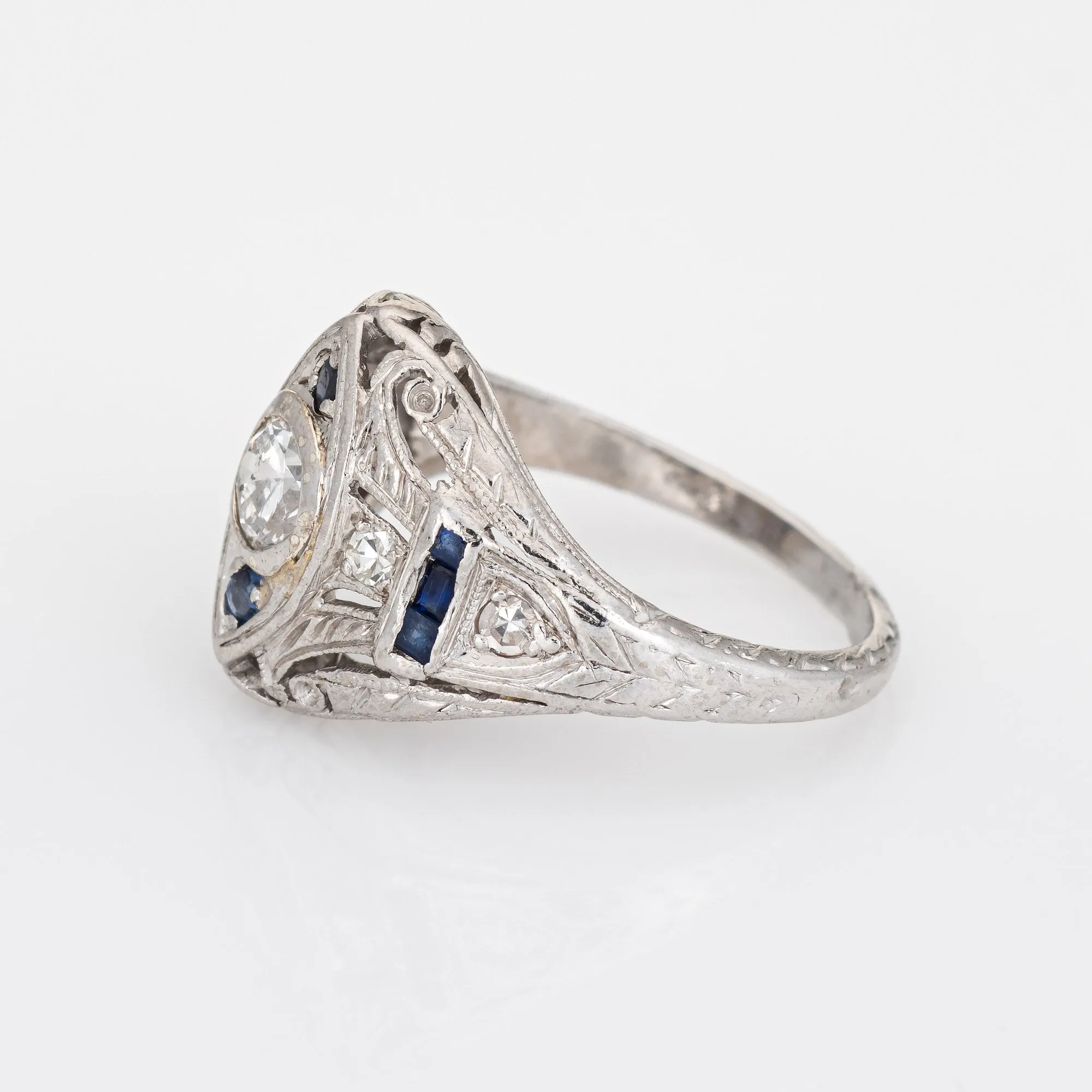 Vintage Art Deco Diamond Sapphire Ring Platinum Filigree Estate Fine Jewelry 3
