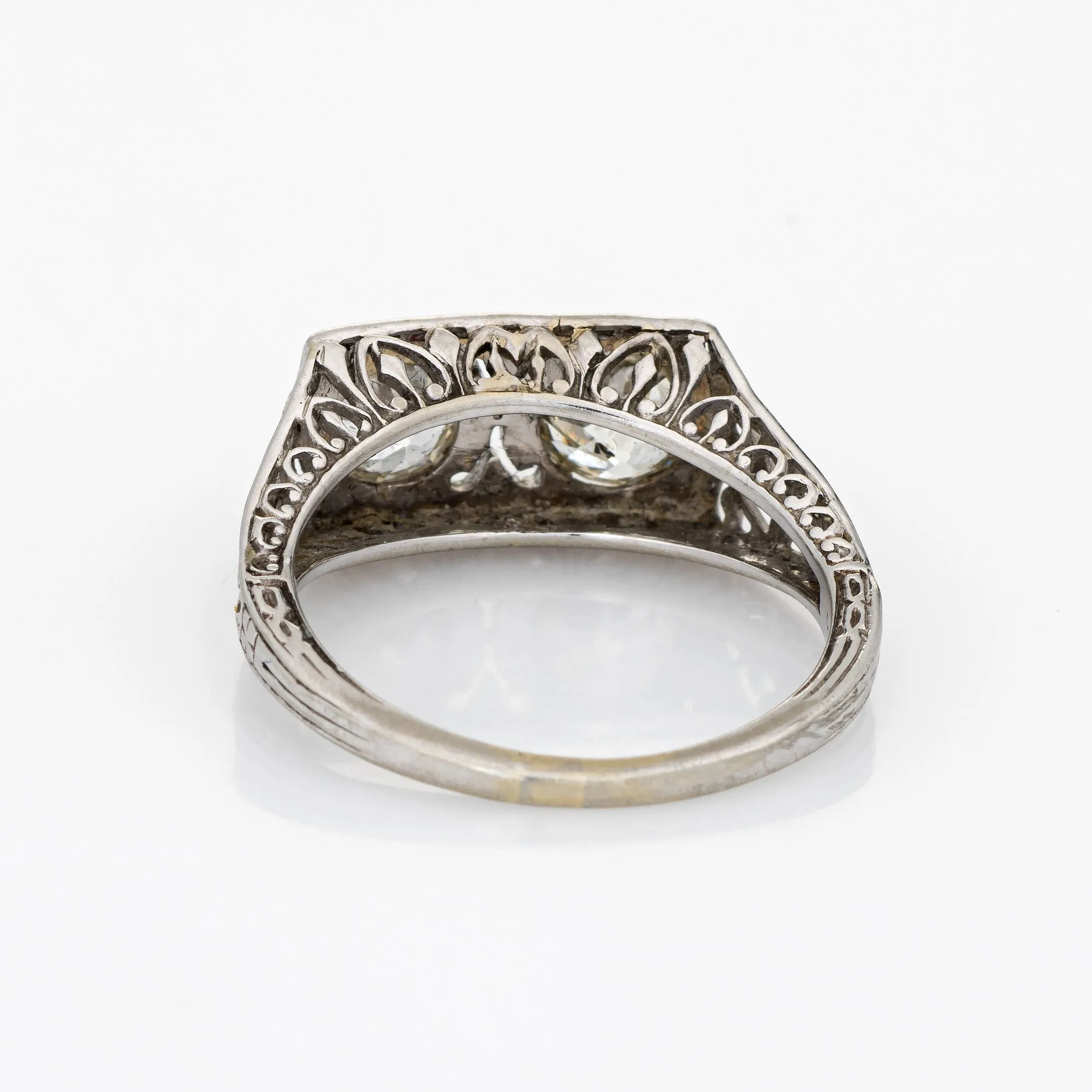 Vintage Art Deco Ring 1.25ct Double Diamond 18k White Gold Filigree Sz 6 Jewelry