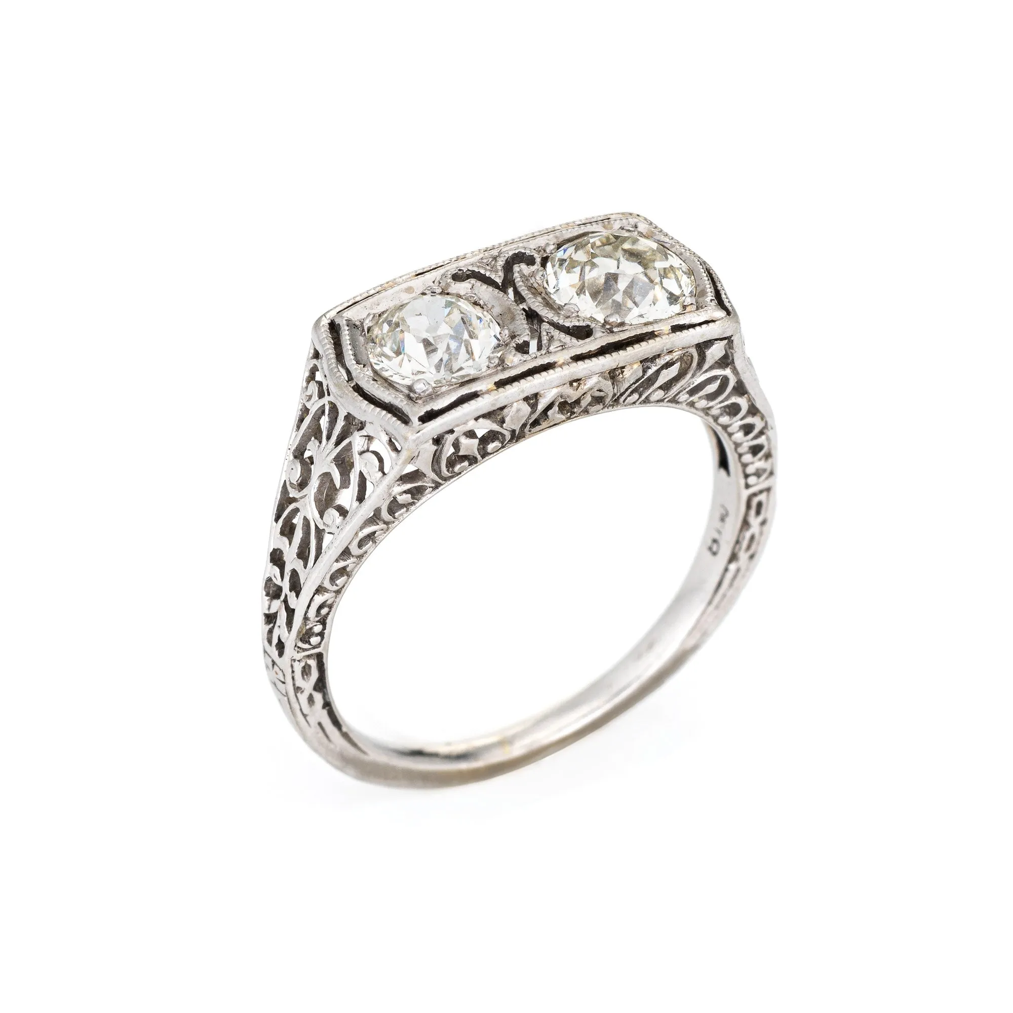 Vintage Art Deco Ring 1.25ct Double Diamond 18k White Gold Filigree Sz 6 Jewelry