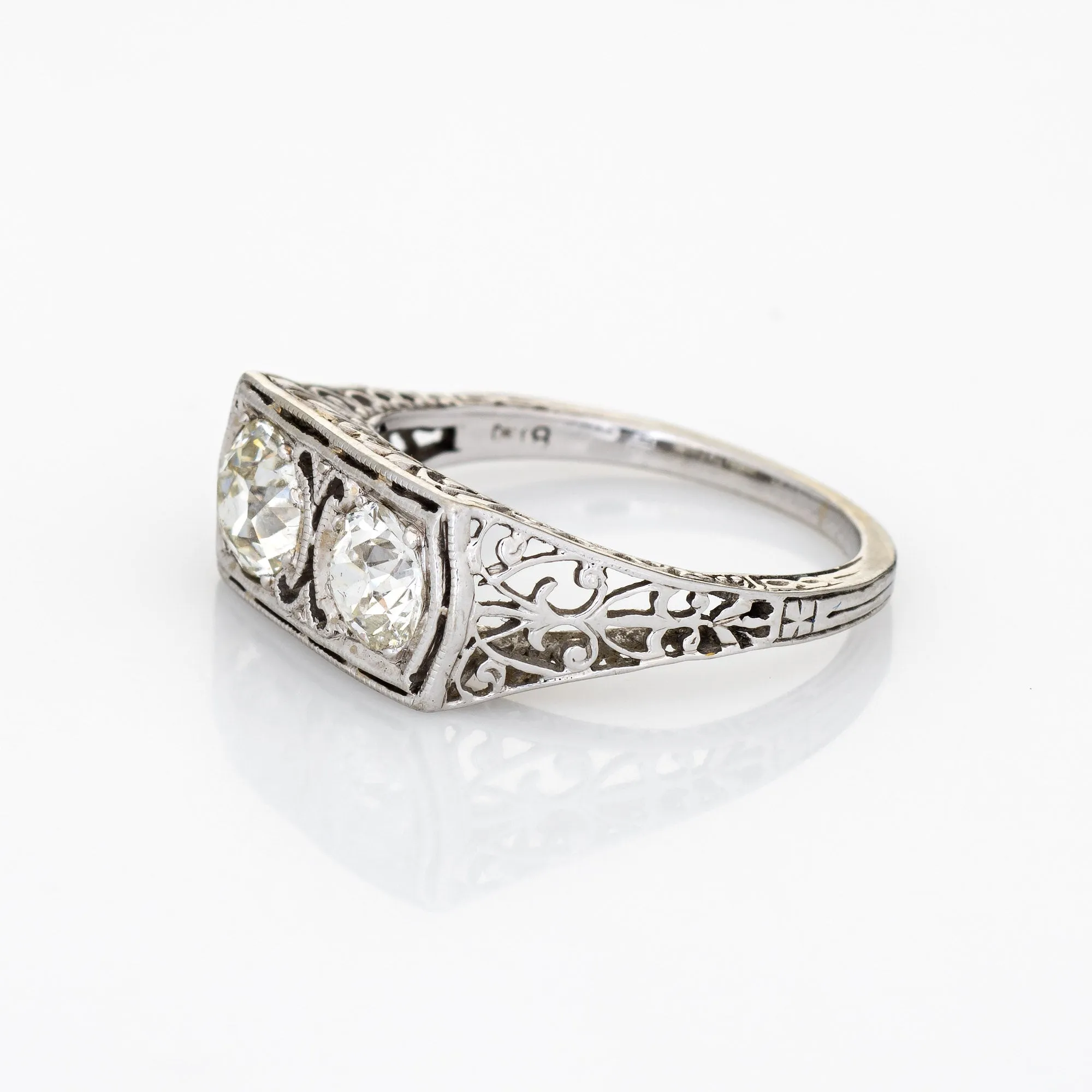 Vintage Art Deco Ring 1.25ct Double Diamond 18k White Gold Filigree Sz 6 Jewelry