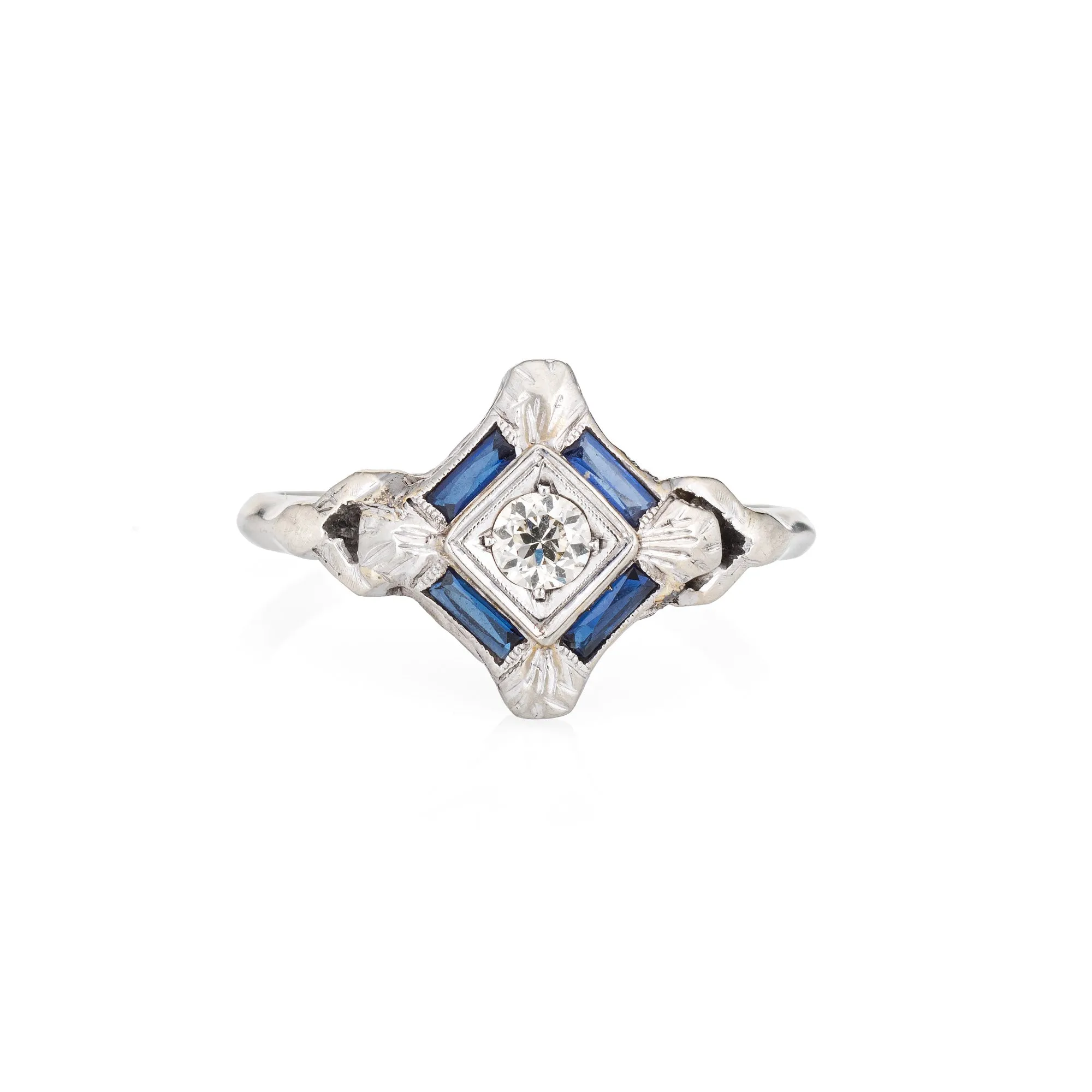 Vintage Art Deco Ring Diamond Lab Sapphire 18k Gold Platinum Band Jewelry 6