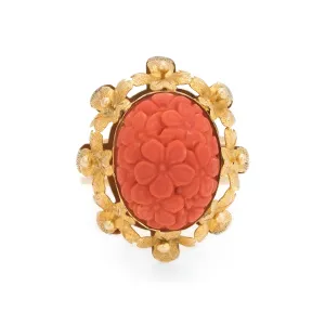 Vintage Carved Coral Ring Flowers 14k Yellow Gold Cocktail Jewelry Estate 6.5