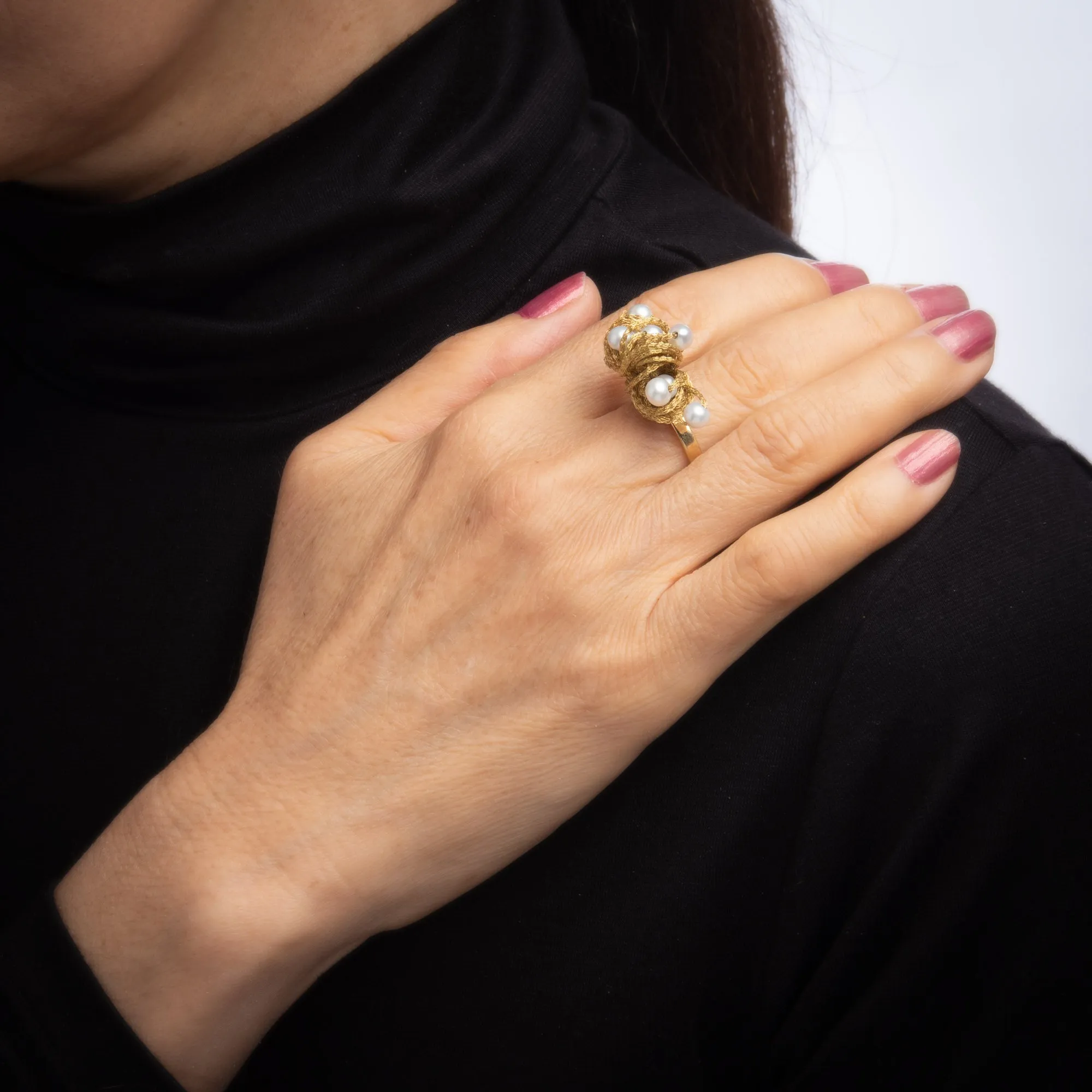 Vintage Fabric Dome Ring Cultured Pearl 18k Yellow Gold Estate Jewelry Italy 7