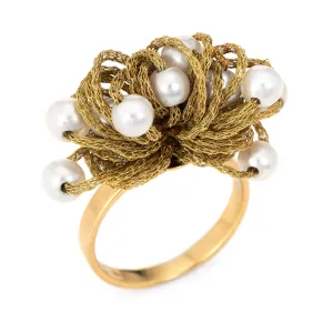 Vintage Fabric Dome Ring Cultured Pearl 18k Yellow Gold Estate Jewelry Italy 7