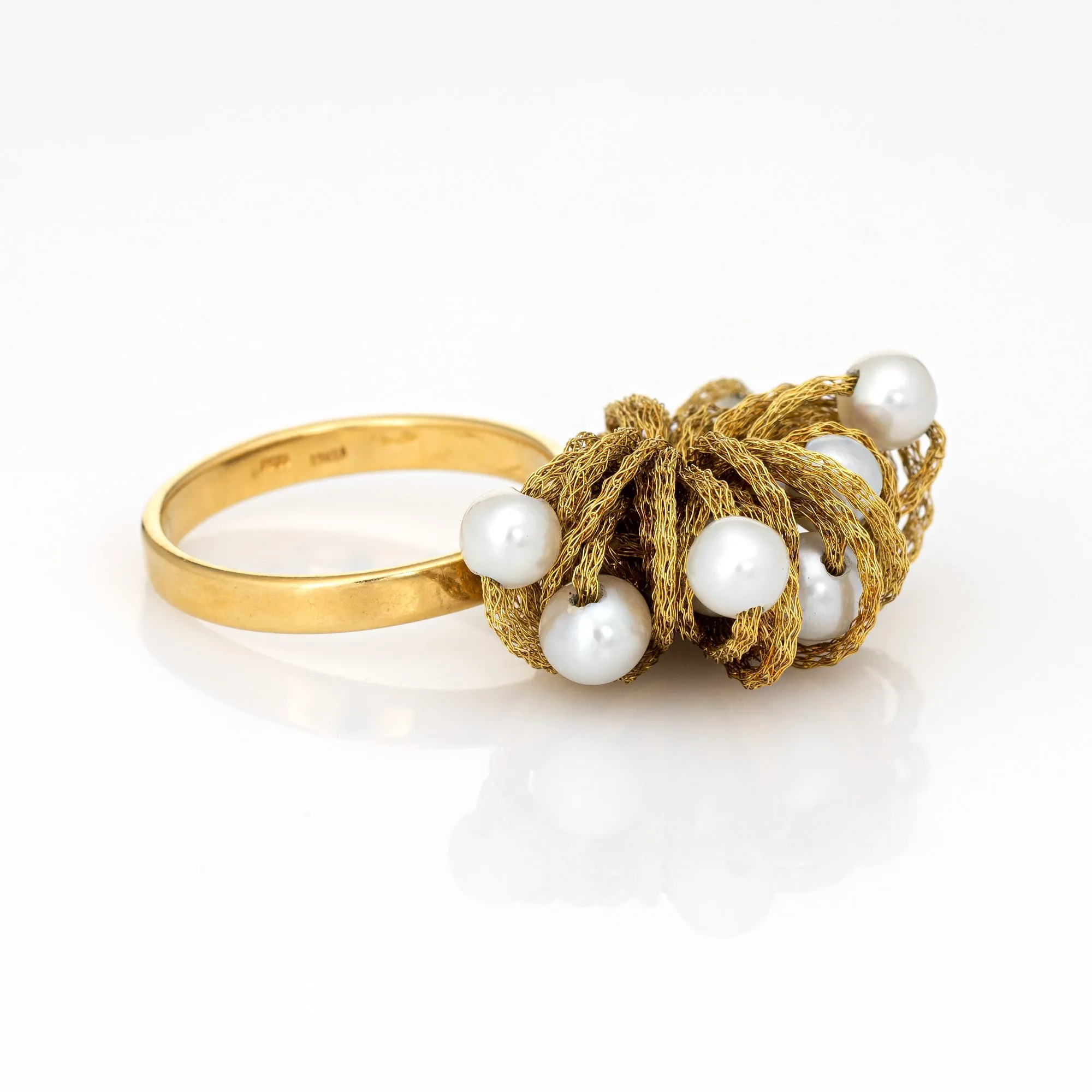 Vintage Fabric Dome Ring Cultured Pearl 18k Yellow Gold Estate Jewelry Italy 7