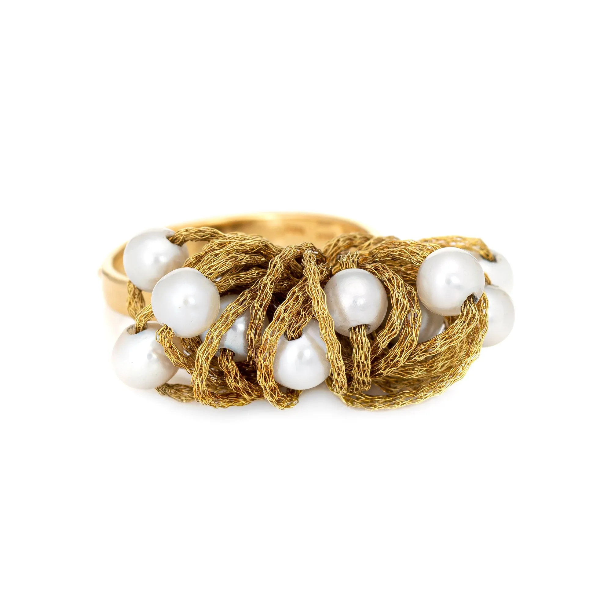 Vintage Fabric Dome Ring Cultured Pearl 18k Yellow Gold Estate Jewelry Italy 7