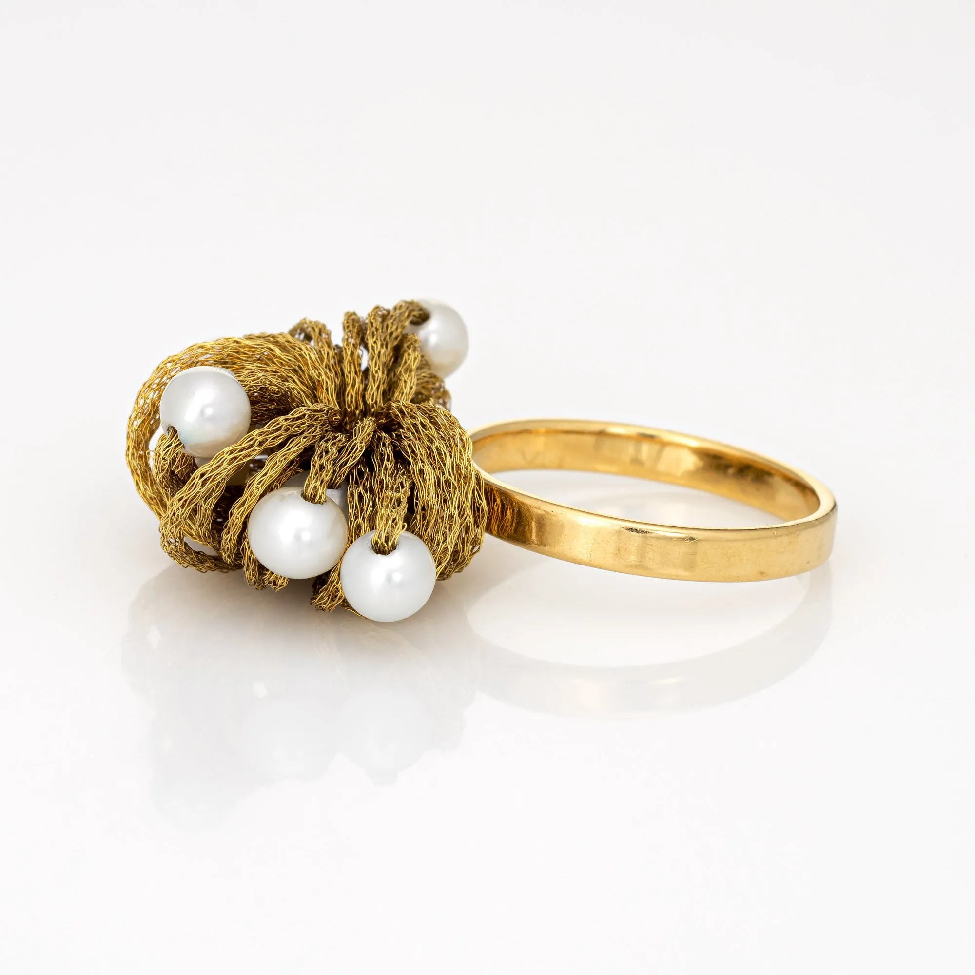 Vintage Fabric Dome Ring Cultured Pearl 18k Yellow Gold Estate Jewelry Italy 7