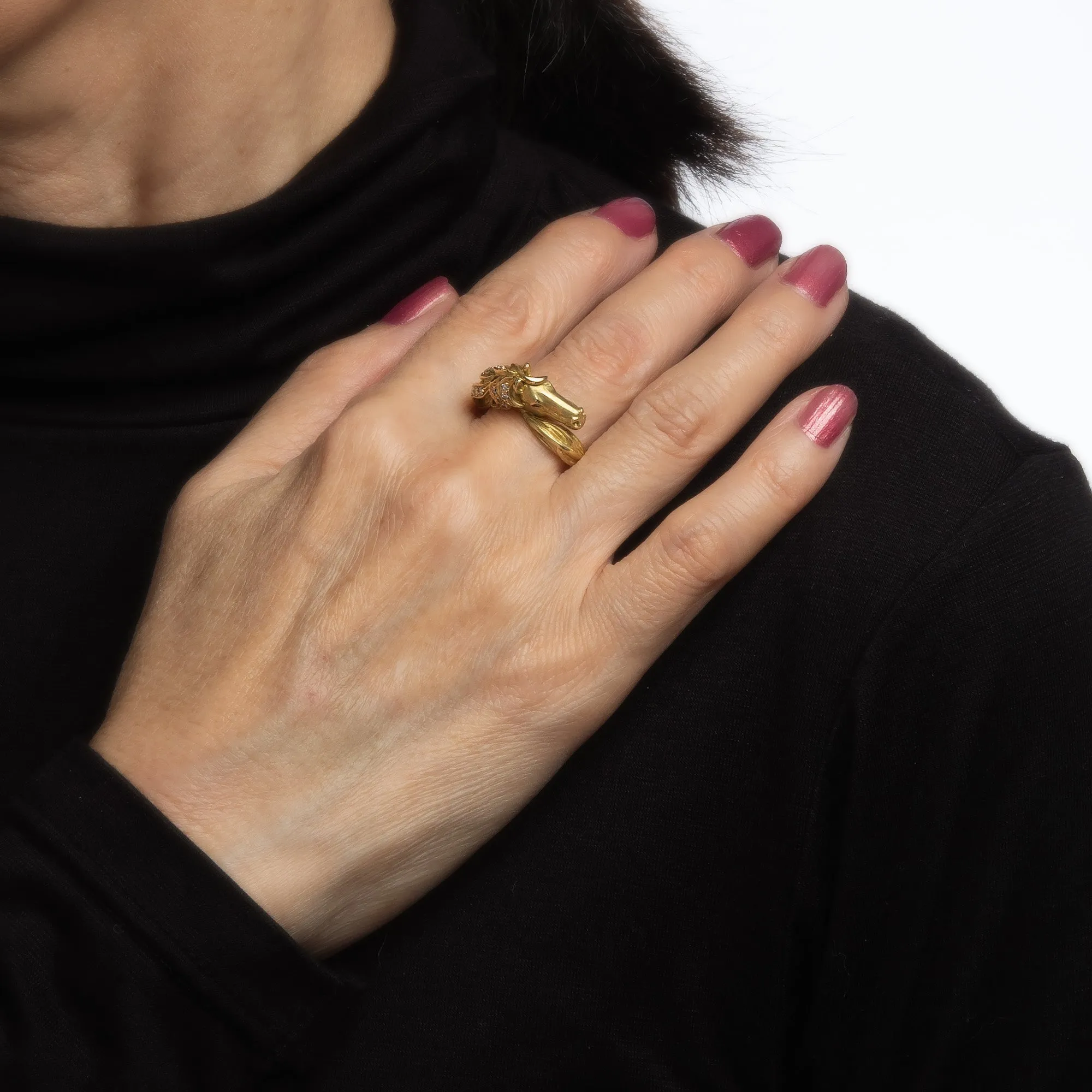 Vintage Horse Ring Diamond 18k Yellow Gold Sz 7 Fine Animal Equestrian Jewelry