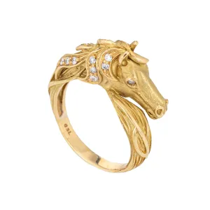 Vintage Horse Ring Diamond 18k Yellow Gold Sz 7 Fine Animal Equestrian Jewelry