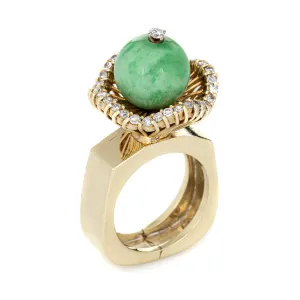 Vintage Jade Diamond Ballerina Ring 14k Yellow Gold Estate Cocktail Jewelry 6.5