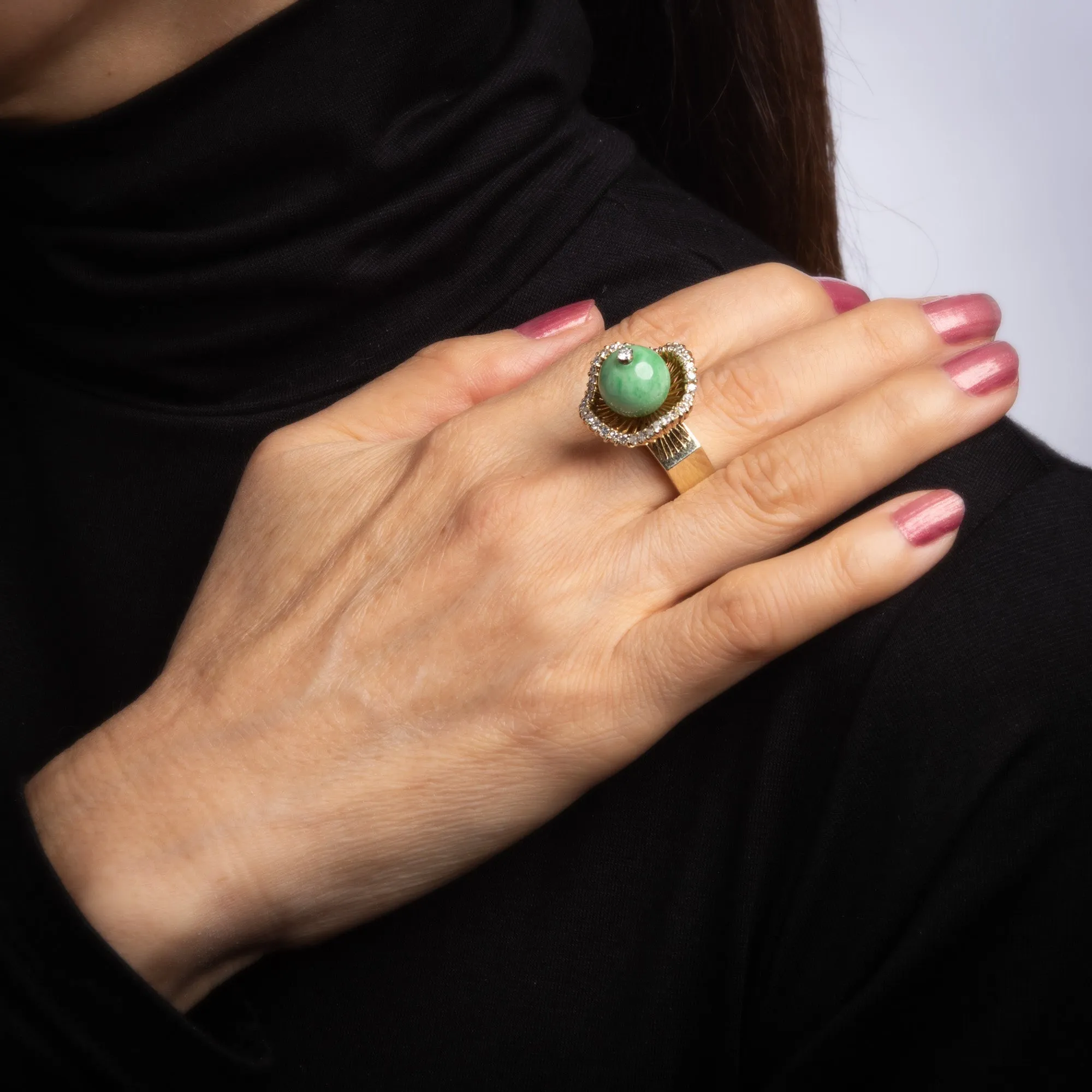Vintage Jade Diamond Ballerina Ring 14k Yellow Gold Estate Cocktail Jewelry 6.5