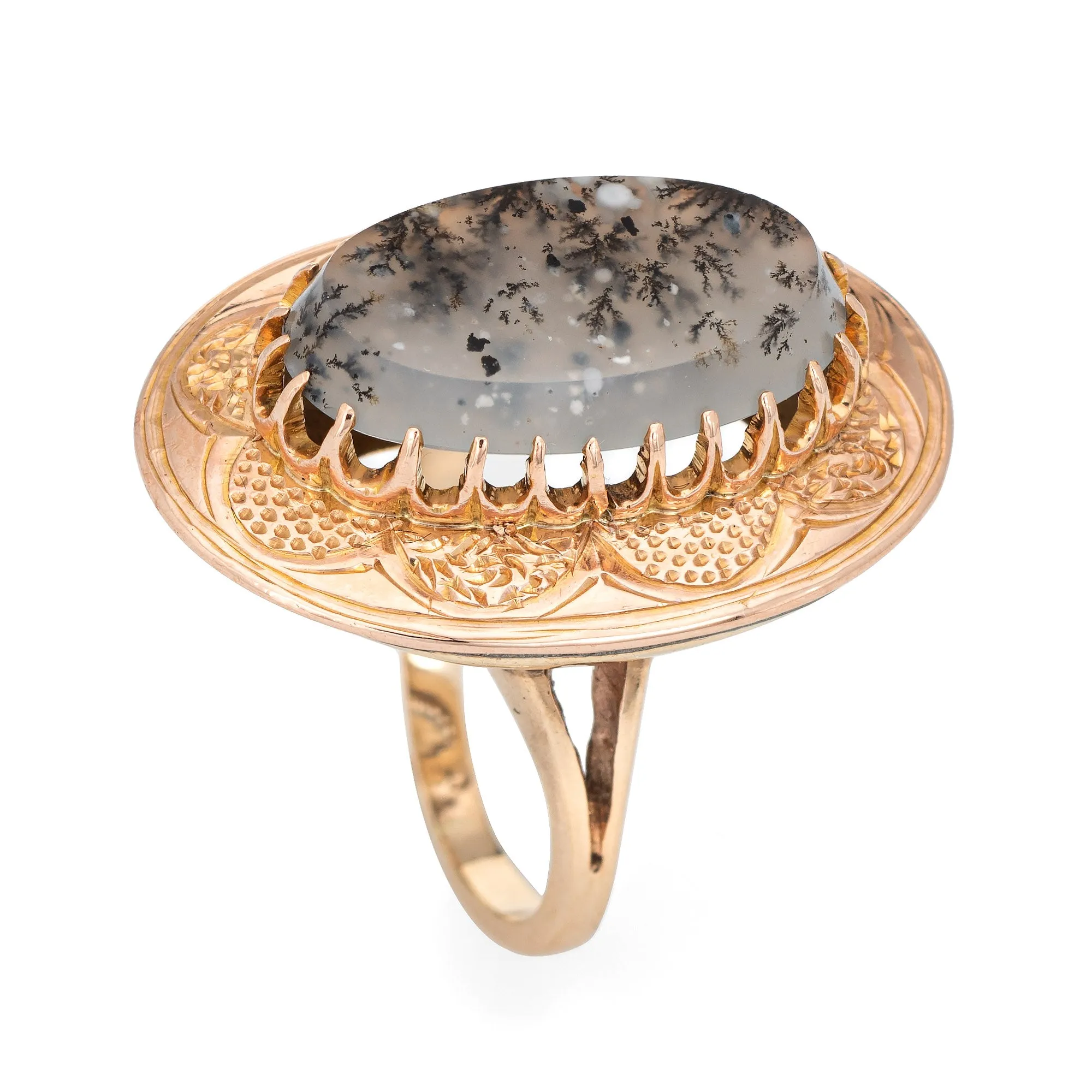Vintage Moss Agate Ring 10k Rose Gold Large Oval Cocktail Estate Fine Jewelry