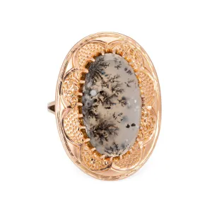 Vintage Moss Agate Ring 10k Rose Gold Large Oval Cocktail Estate Fine Jewelry