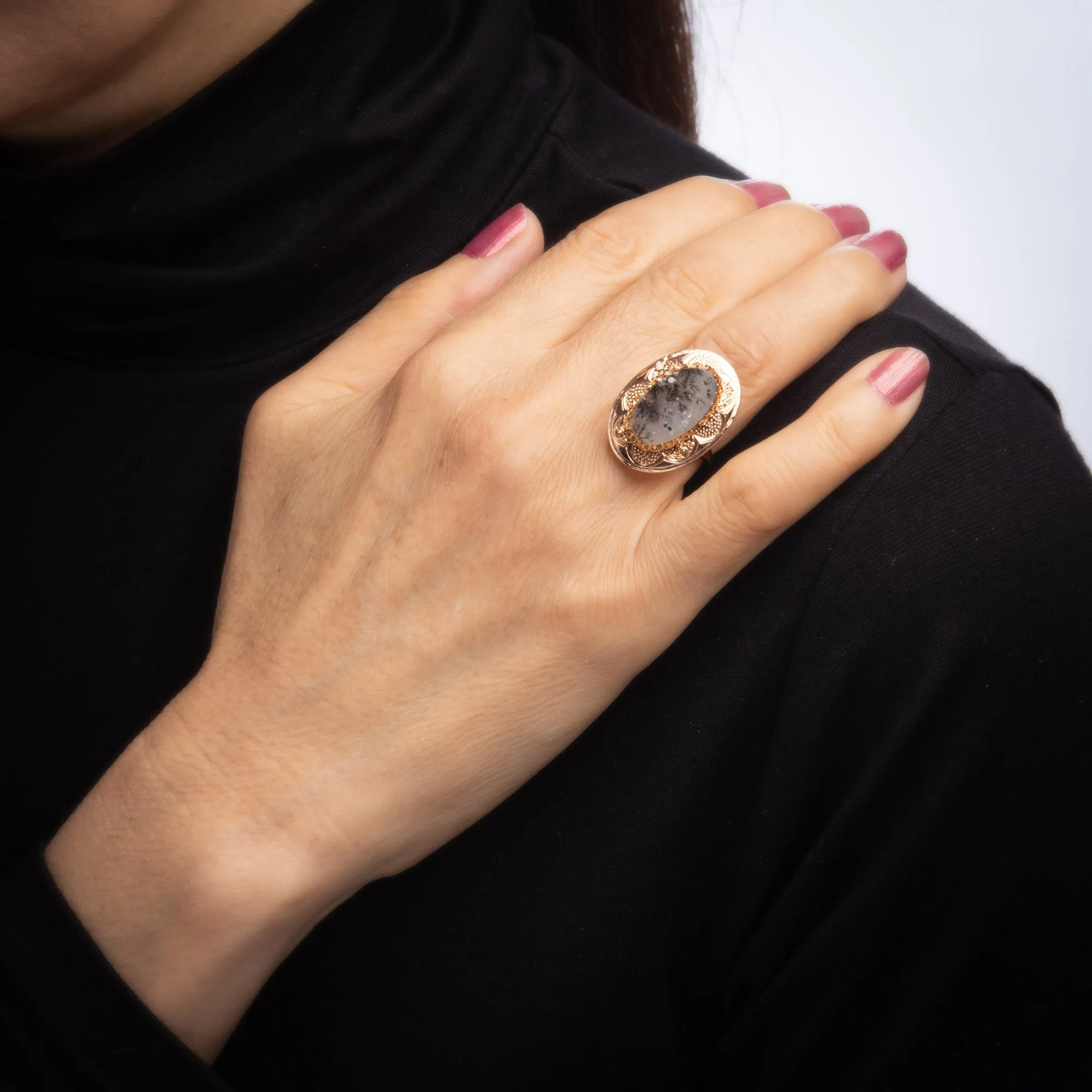 Vintage Moss Agate Ring 10k Rose Gold Large Oval Cocktail Estate Fine Jewelry