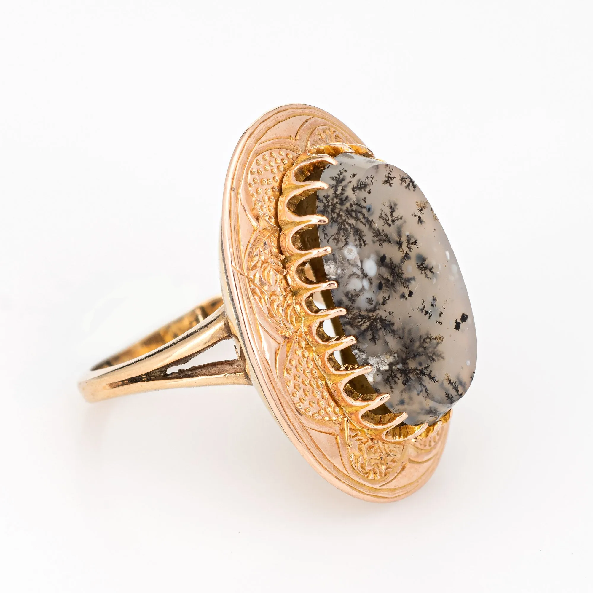 Vintage Moss Agate Ring 10k Rose Gold Large Oval Cocktail Estate Fine Jewelry