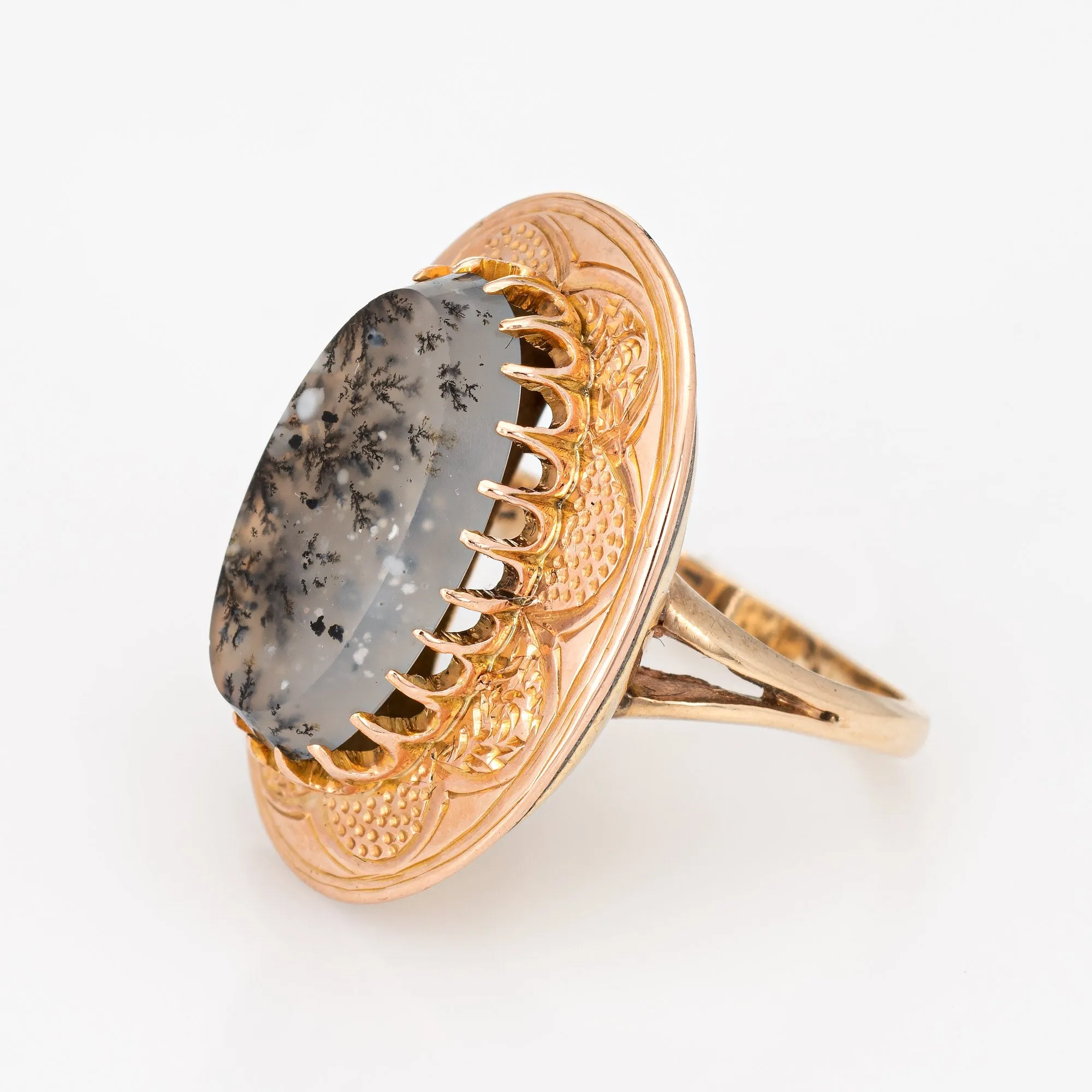 Vintage Moss Agate Ring 10k Rose Gold Large Oval Cocktail Estate Fine Jewelry