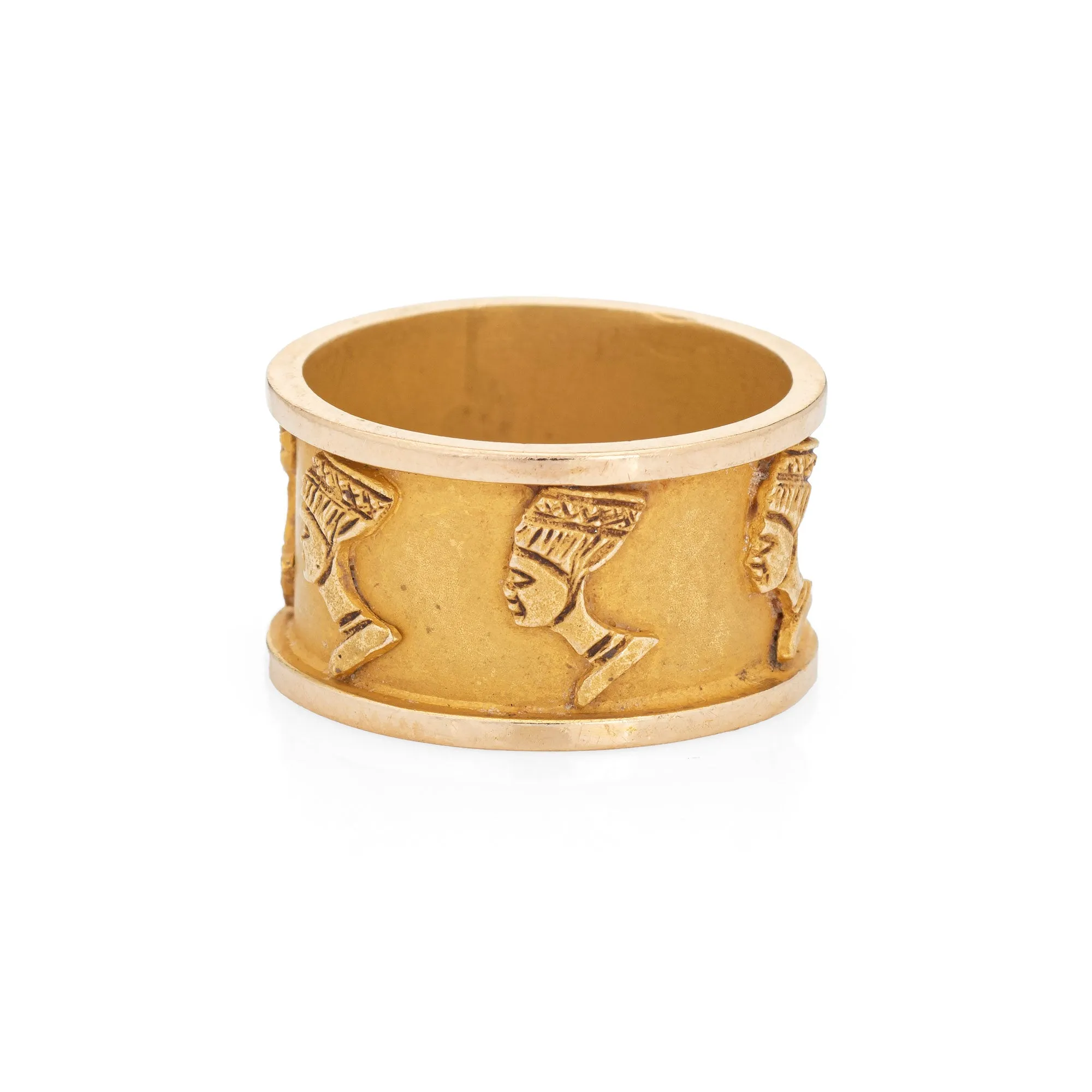 Vintage Nefertiti Ring Sz 6.5 18k Yellow Gold Wide Band Egyptian Estate Jewelry