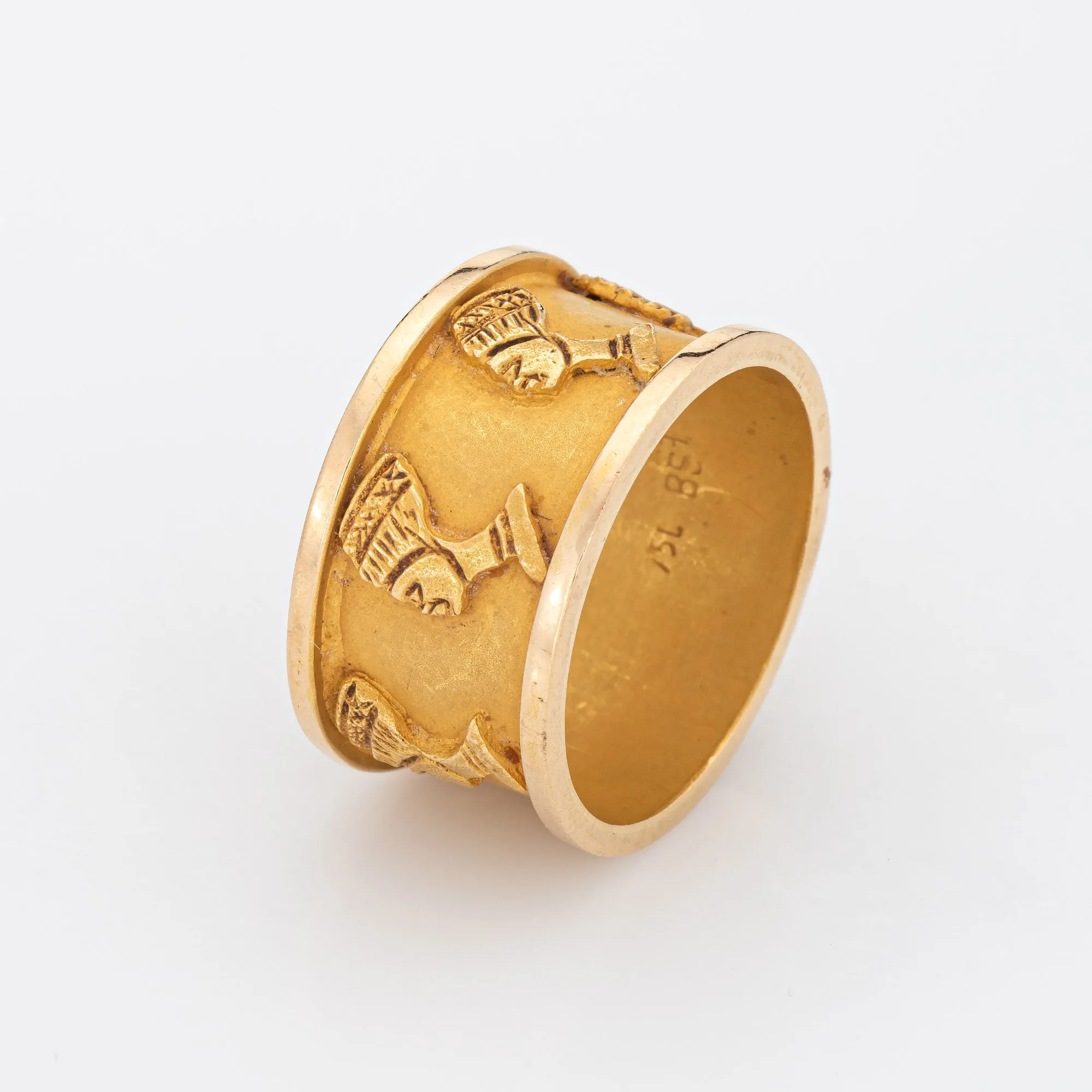 Vintage Nefertiti Ring Sz 6.5 18k Yellow Gold Wide Band Egyptian Estate Jewelry