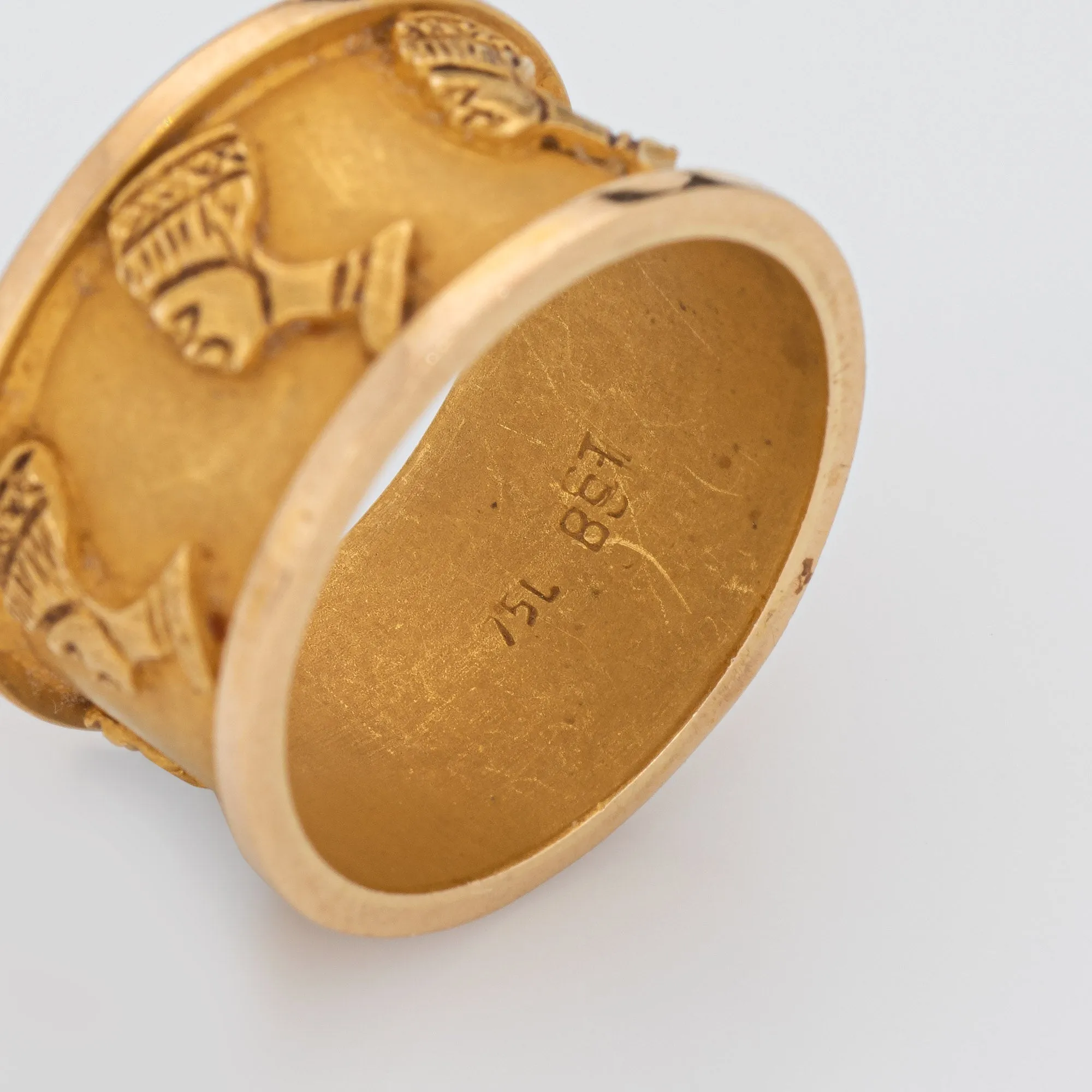 Vintage Nefertiti Ring Sz 6.5 18k Yellow Gold Wide Band Egyptian Estate Jewelry