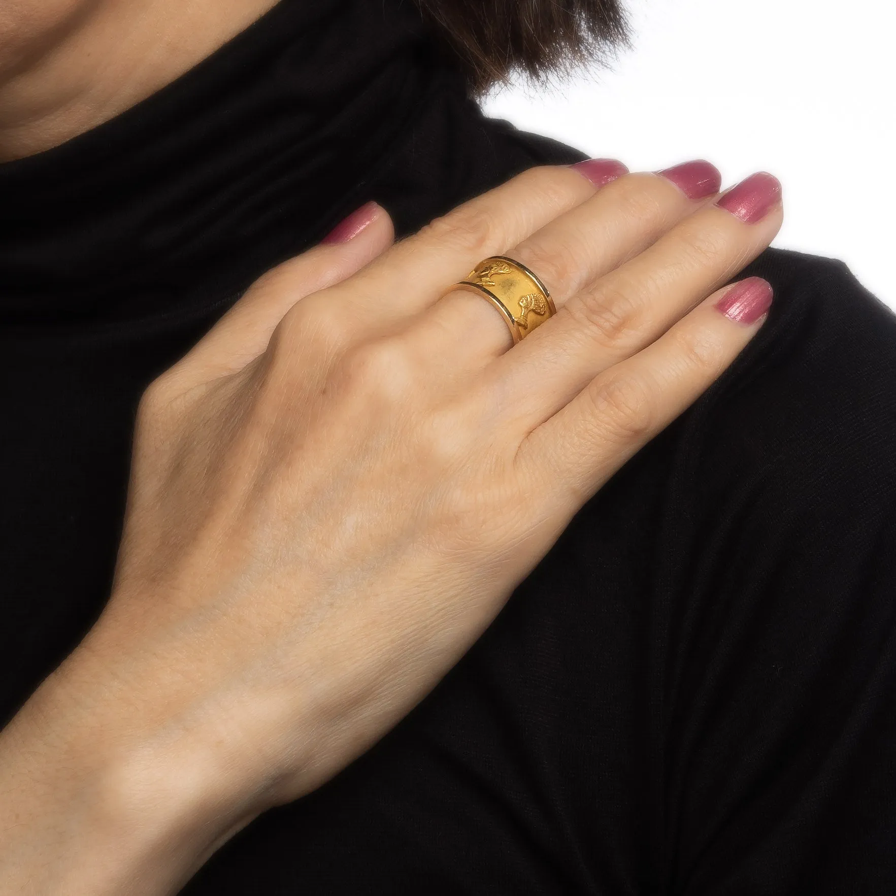 Vintage Nefertiti Ring Sz 6.5 18k Yellow Gold Wide Band Egyptian Estate Jewelry