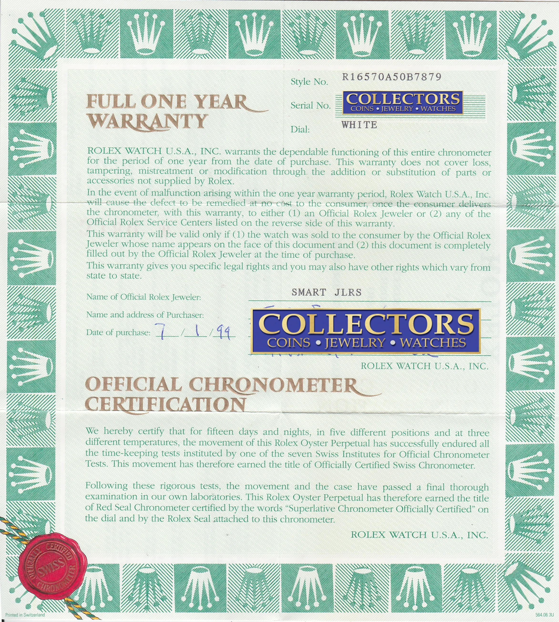 WARRANTY PAPERS Rolex Explorer II Swiss Only White 16570 Polar Date GMT Watch