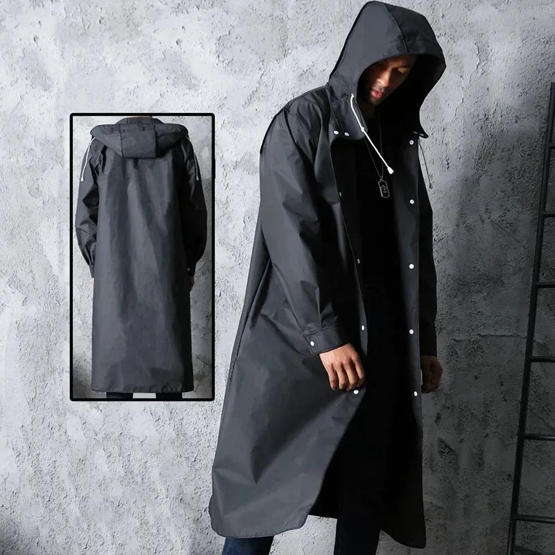 Waterproof Long Black Raincoat Men Rain Coat Hooded Trench Jacket Outdoor Hiking Tour Rainwear Adults