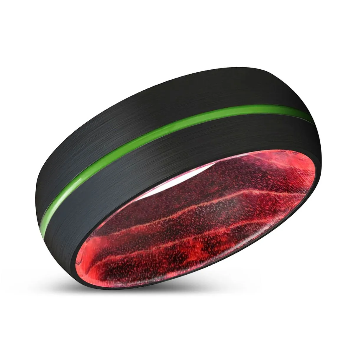WAYDE | Black & Red Wood, Black Tungsten Ring, Green Groove, Domed