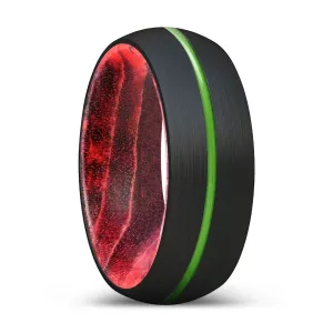 WAYDE | Black & Red Wood, Black Tungsten Ring, Green Groove, Domed