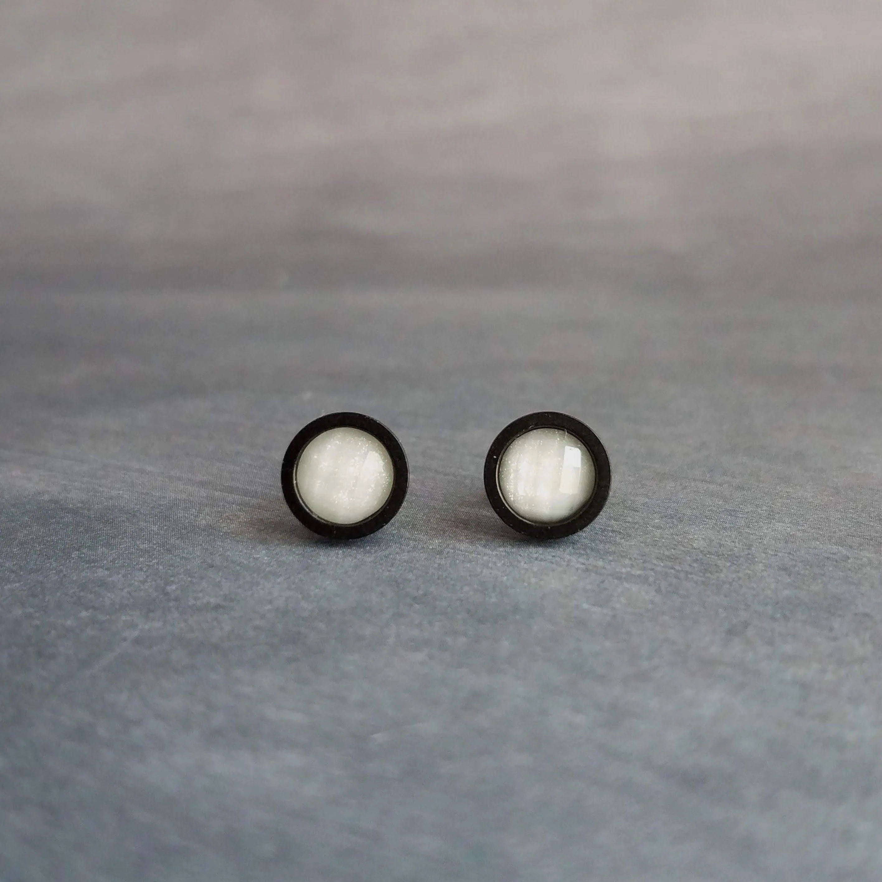 White Black Stud Earrings, milky white stud earrings, milky white earrings, matte black earring, iridescent white, opal white round sparkle