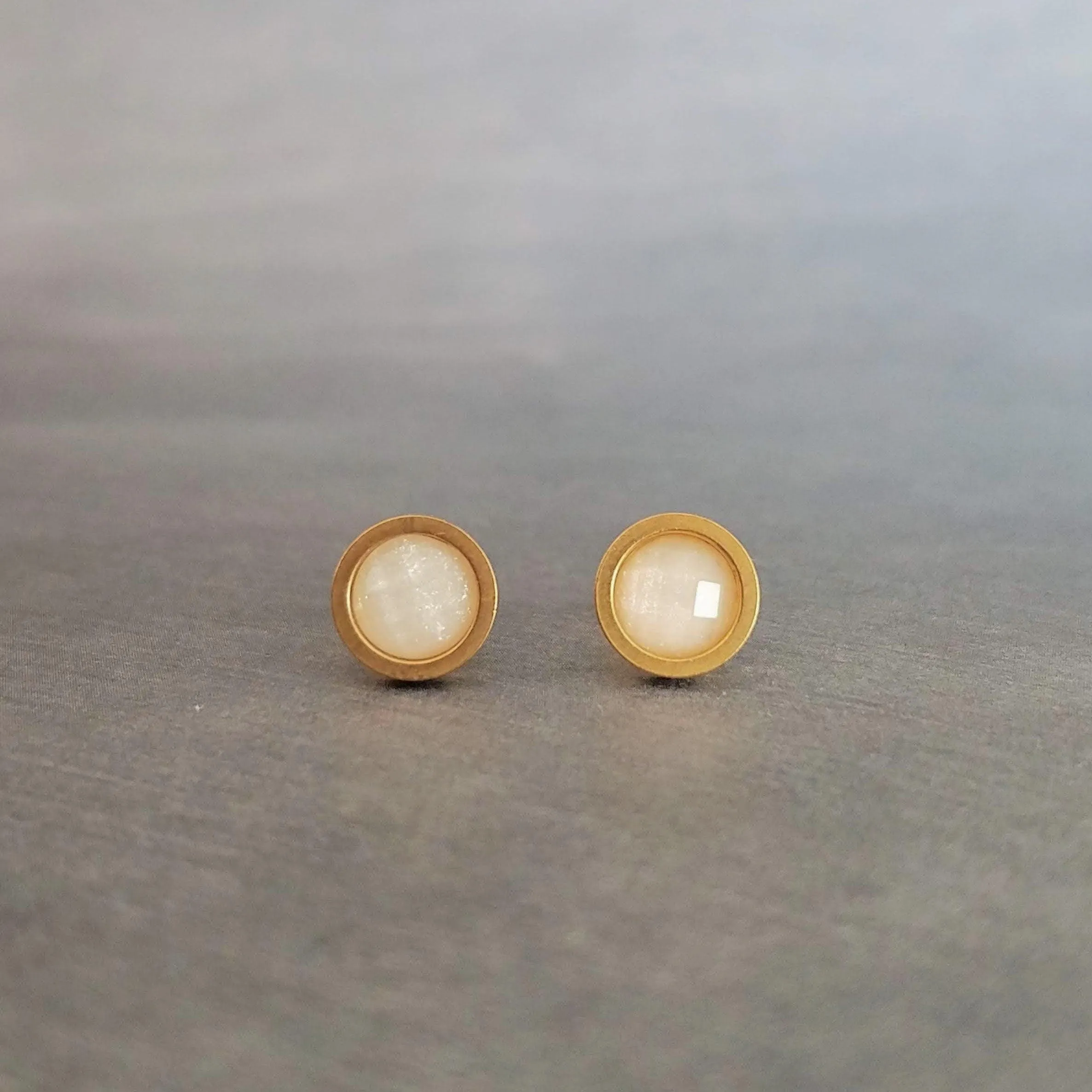 White Black Stud Earrings, milky white stud earrings, milky white earrings, matte black earring, iridescent white, opal white round sparkle