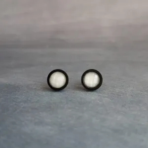 White Black Stud Earrings, milky white stud earrings, milky white earrings, matte black earring, iridescent white, opal white round sparkle
