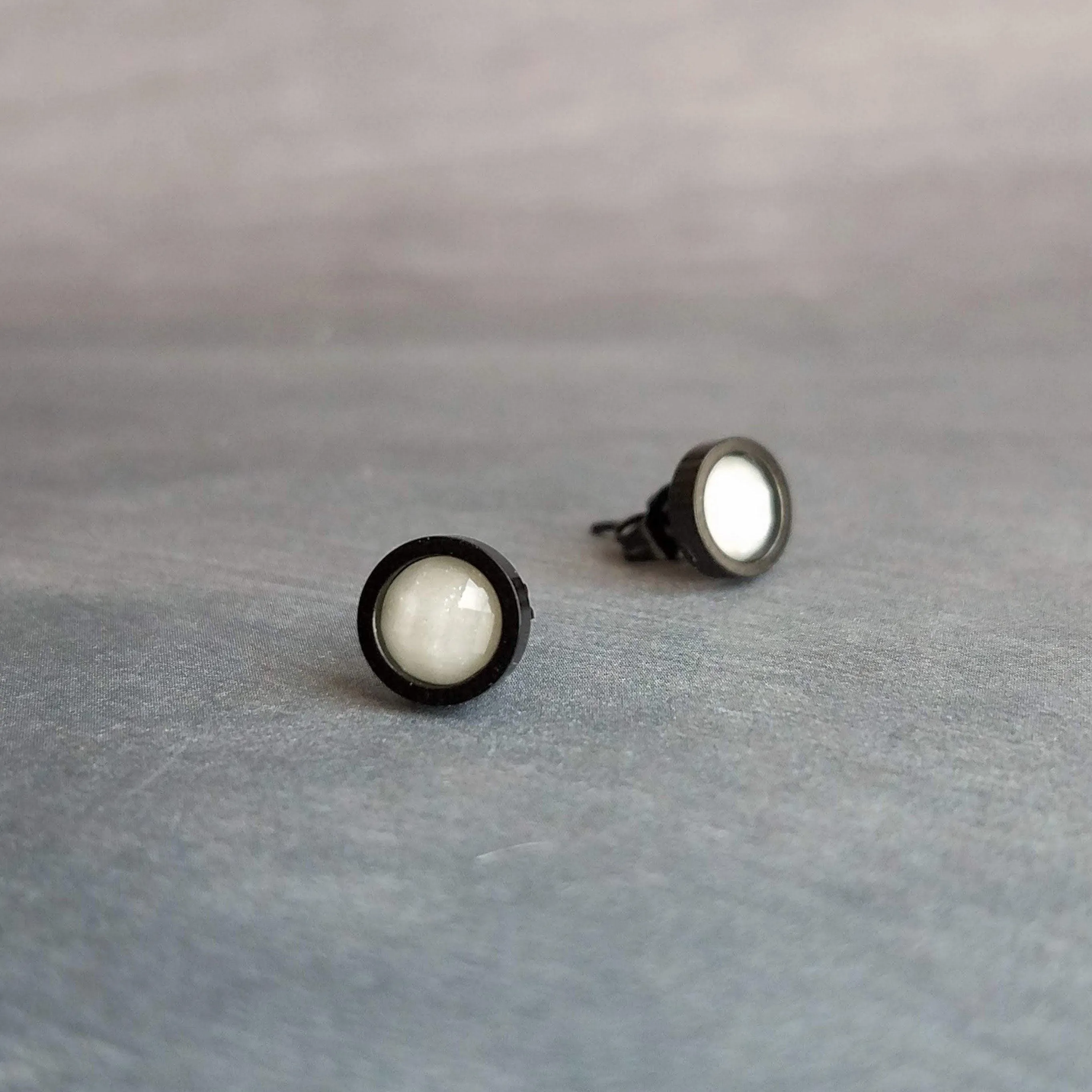White Black Stud Earrings, milky white stud earrings, milky white earrings, matte black earring, iridescent white, opal white round sparkle
