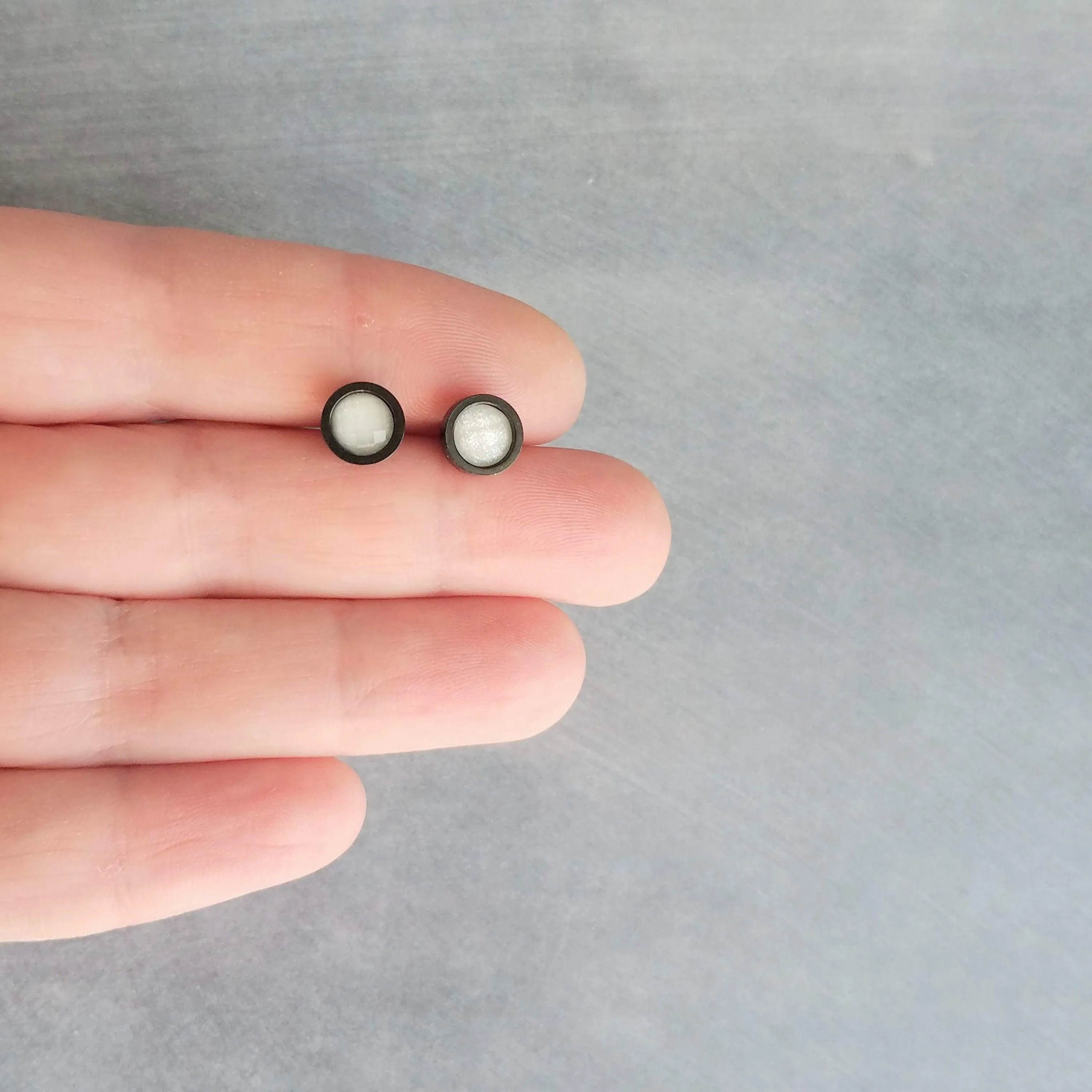 White Black Stud Earrings, milky white stud earrings, milky white earrings, matte black earring, iridescent white, opal white round sparkle